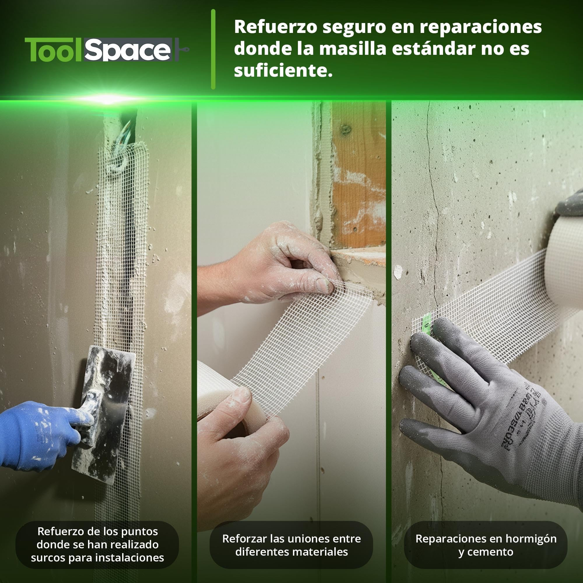 ToolSpace Cinta Fibra Vidrio Autoadhesiva Para Grietas Y Juntas Placas De Yeso 15 Cm X 20 M Para Pared Y Techo, Rollo Ancho Para Reparaciones Limpias Y Refuerzo En Paredes, Techos Y Esquinas