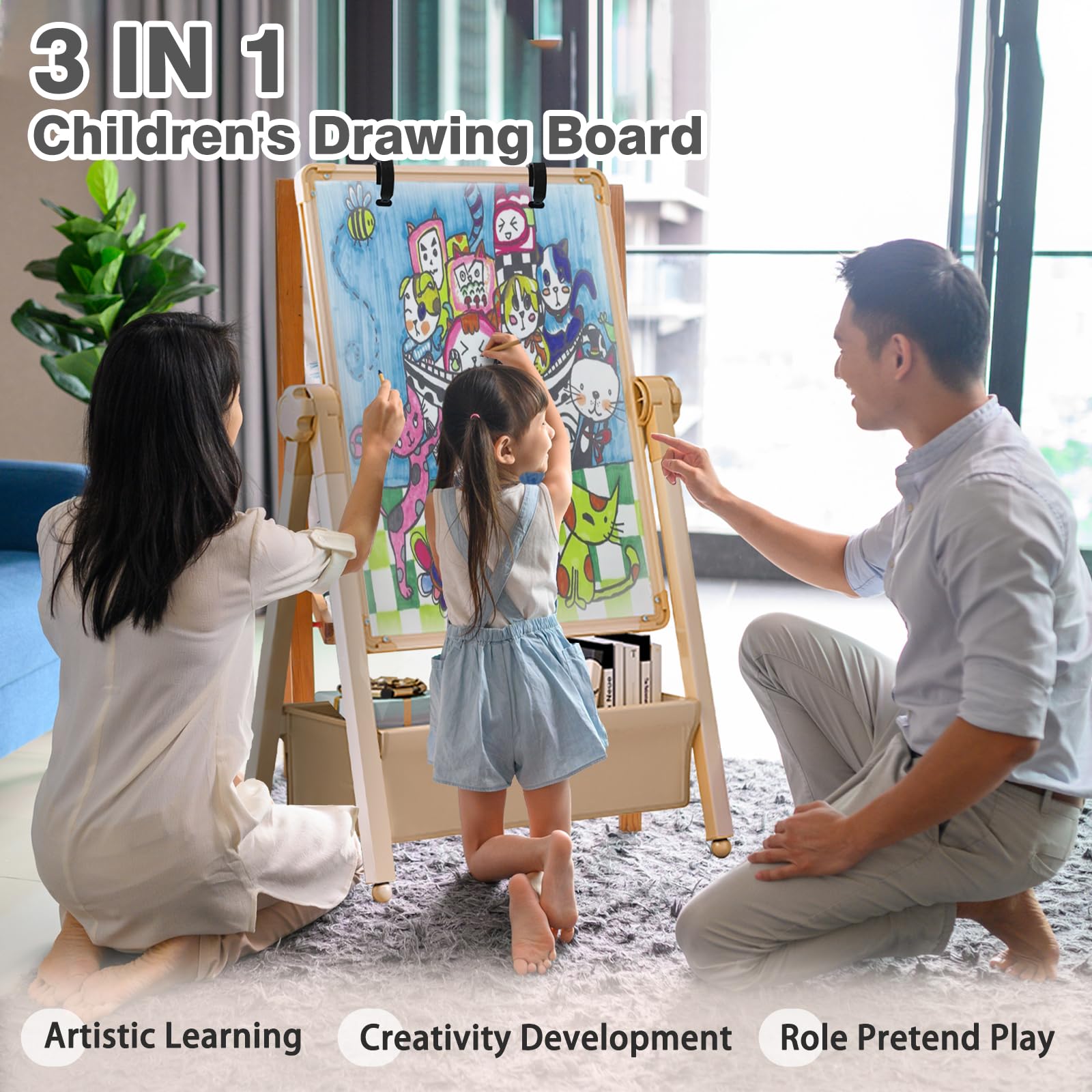 Lavagna per Bambini Cavalletto Artistico Pittura in Regolabile Altezza 3 in 1 Doppia Faccia Tavolo da Disegno Pieghevole, Lavagna Bianca Girevole a 360° con Lettere e Numeri Giocattoli 3+ Anni