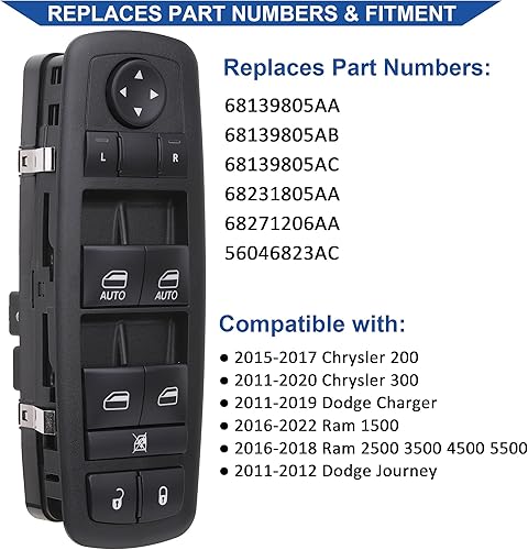 Miniatura 2 de Obaee Interruptor de ventana delantera izquierda 68231805AA compatible con Chrysler 300 2011-2012, Chrysler 200 2015-2017, Dodge Charger 2011-2014,