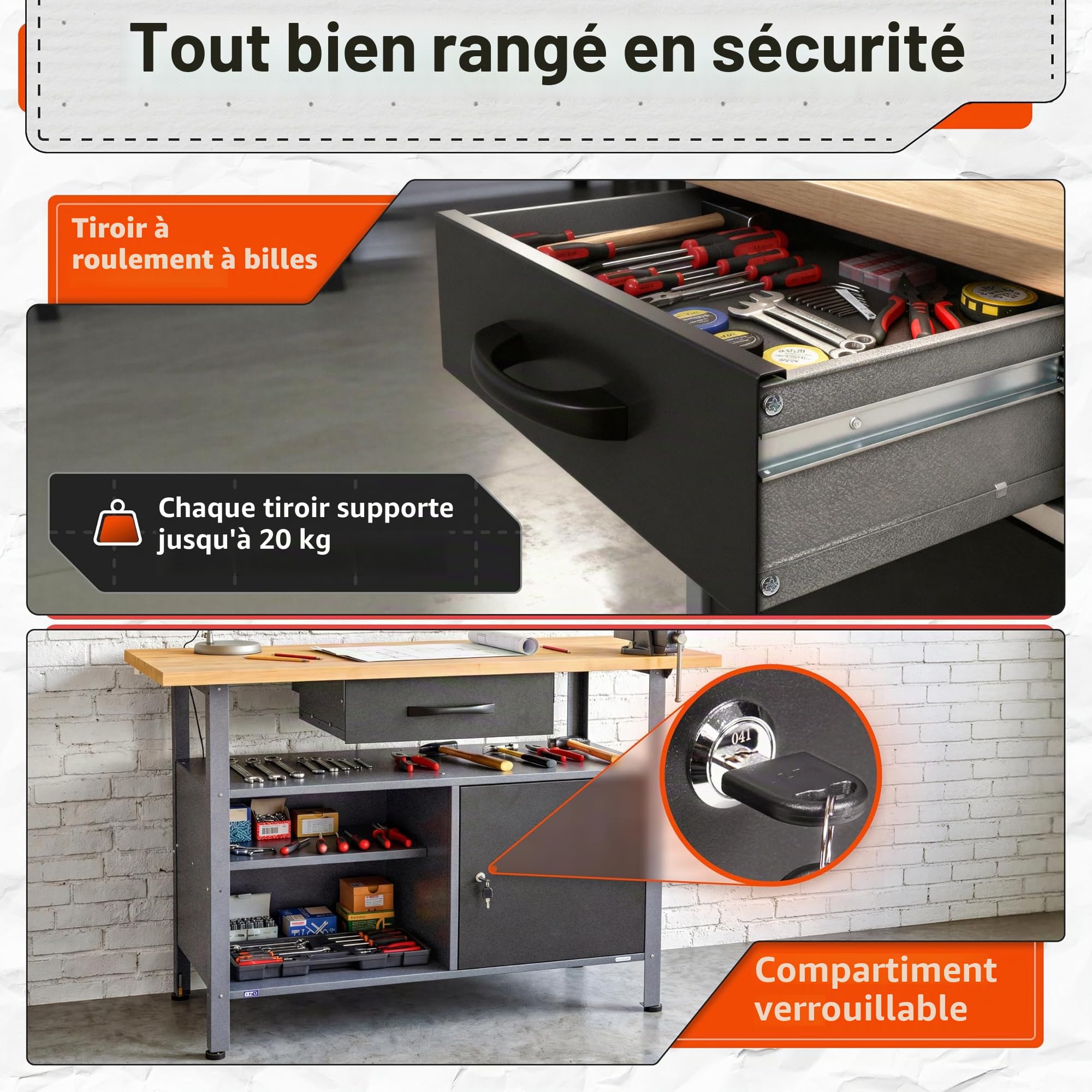 Ondis24 Établi de travail Klaus 120 cm, en métal, porte avec serrure, pieds réglables en hauteur (hauteur de travail 85 cm, plaque en hêtre noir)