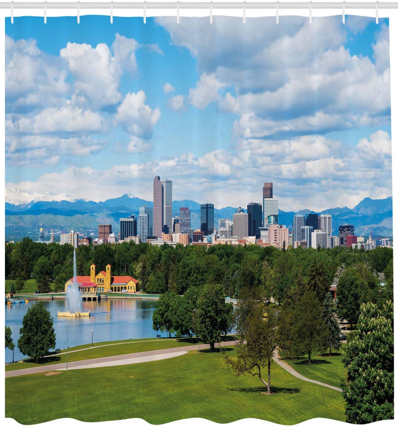 Ambesonne Urban Shower Curtain, City Park at Denver Colorado Downtown Tree and Architecture Sunny Panorama, Cloth Fabric Bathroom Decor Set with Hooks, 69" W x 70" L, Sky Blue Fern Green