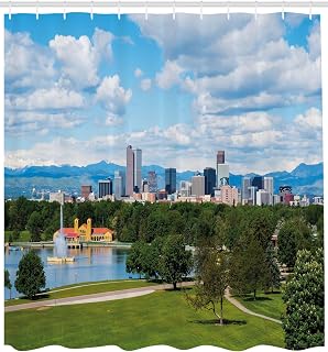 Ambesonne Urban Shower Curtain, City Park at Denver Colorado Downtown Tree and Architecture Sunny Panorama, Cloth Fabric Bathroom Decor Set with Hooks, 105" Extra Wide, Sky Blue Fern Green