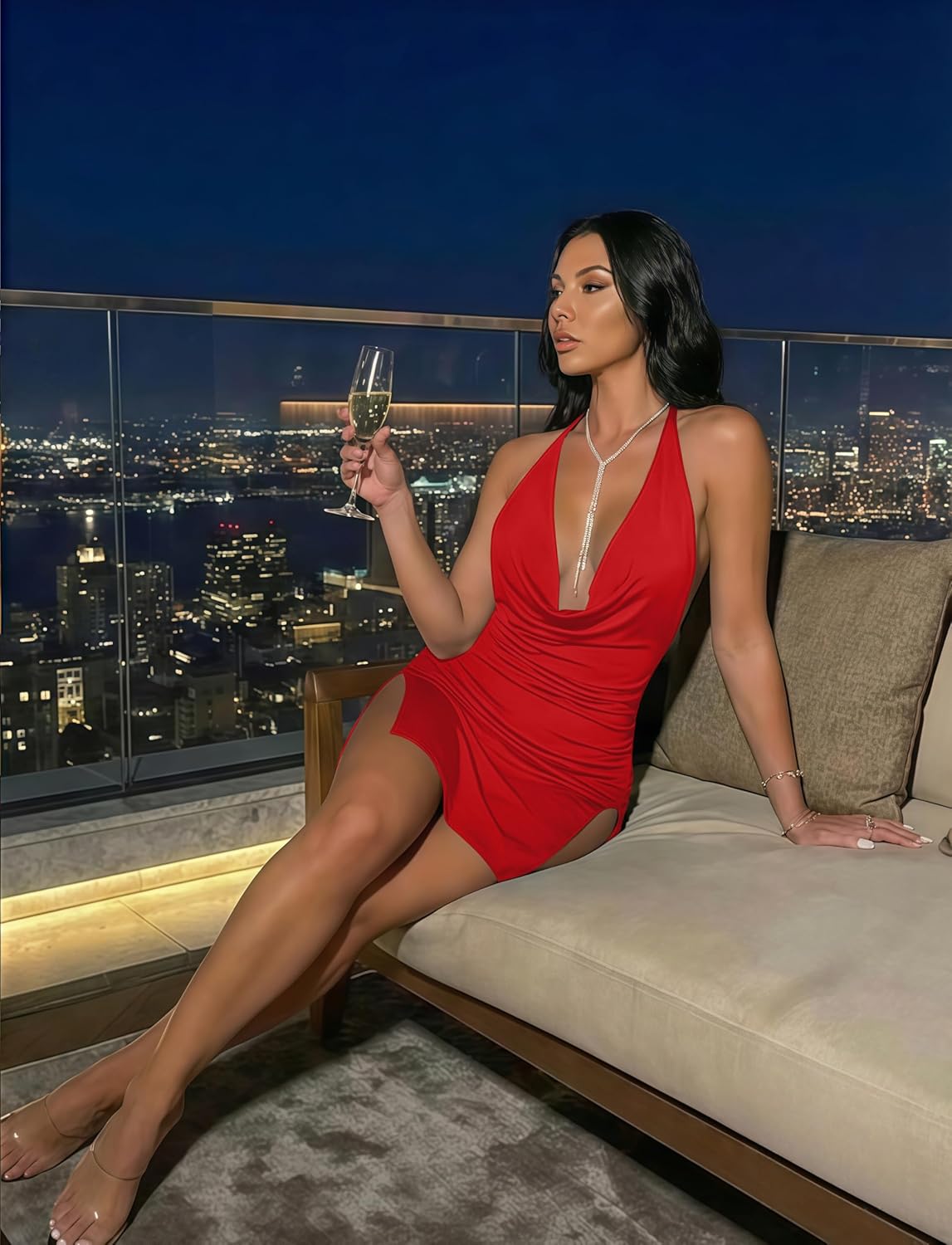 Women's Sexy Backless V Neck Mini Dress High Slit Club Night Out Party Cocktail Dresses - Image 4