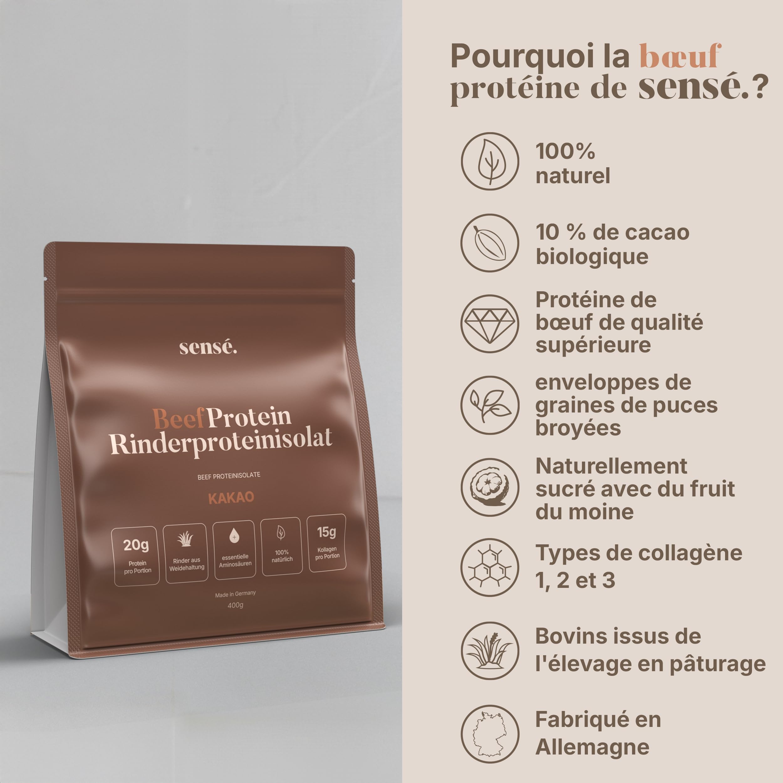 Poudre de protéines de bœuf au cacao 400 g - 100% naturel | 20 g de protéines | 10% de cacao en poudre et d'enveloppes de psyllium | Bioactif | Collagène 1, 2 et 3 | Bouillon d'os de bœuf