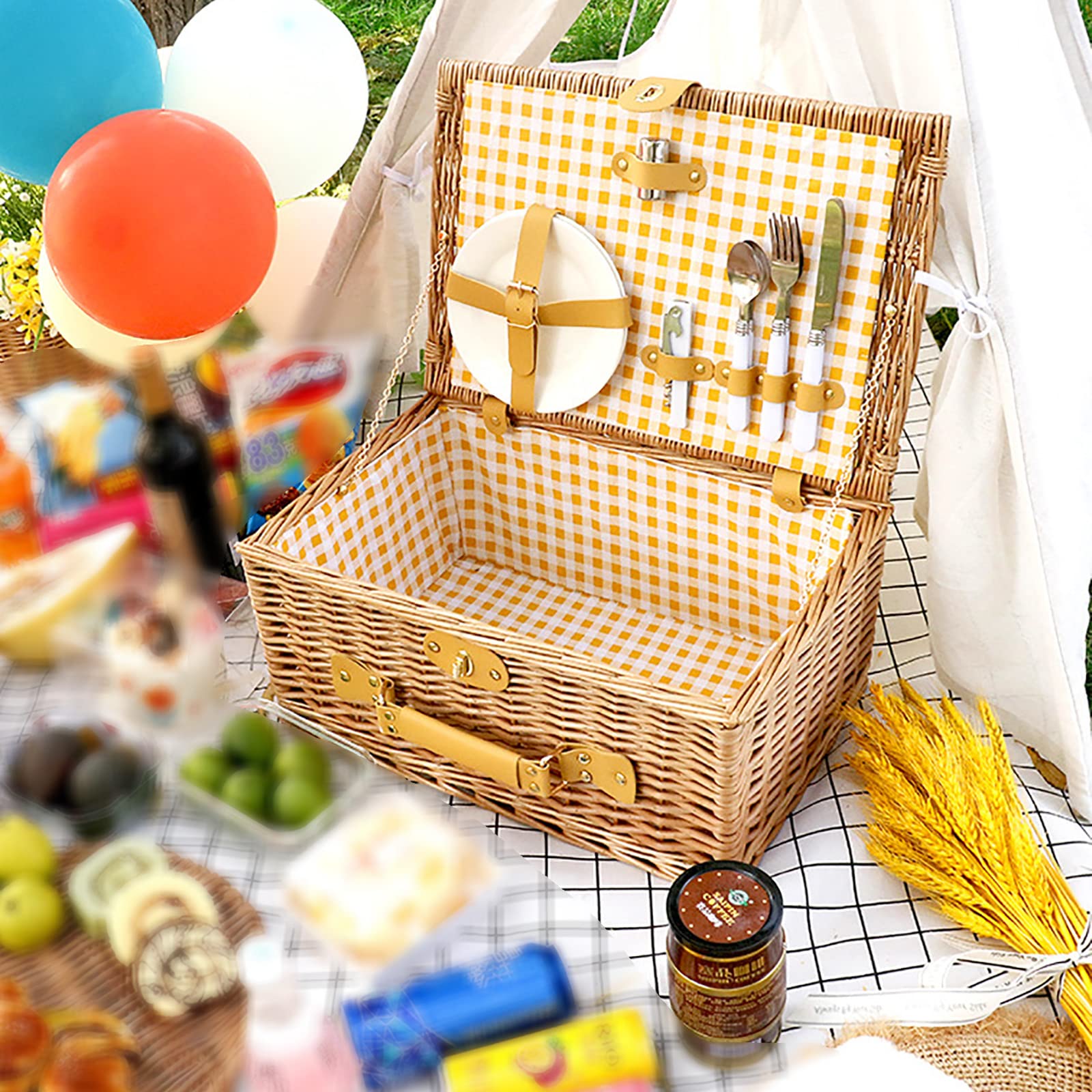 Kosz piknikowy naturalny wiklinowy kosz piknikowy kosz piknikowy zestaw sztućców izolowany wiklinowy zestaw sztućców (żółty biały 2 osoby)
