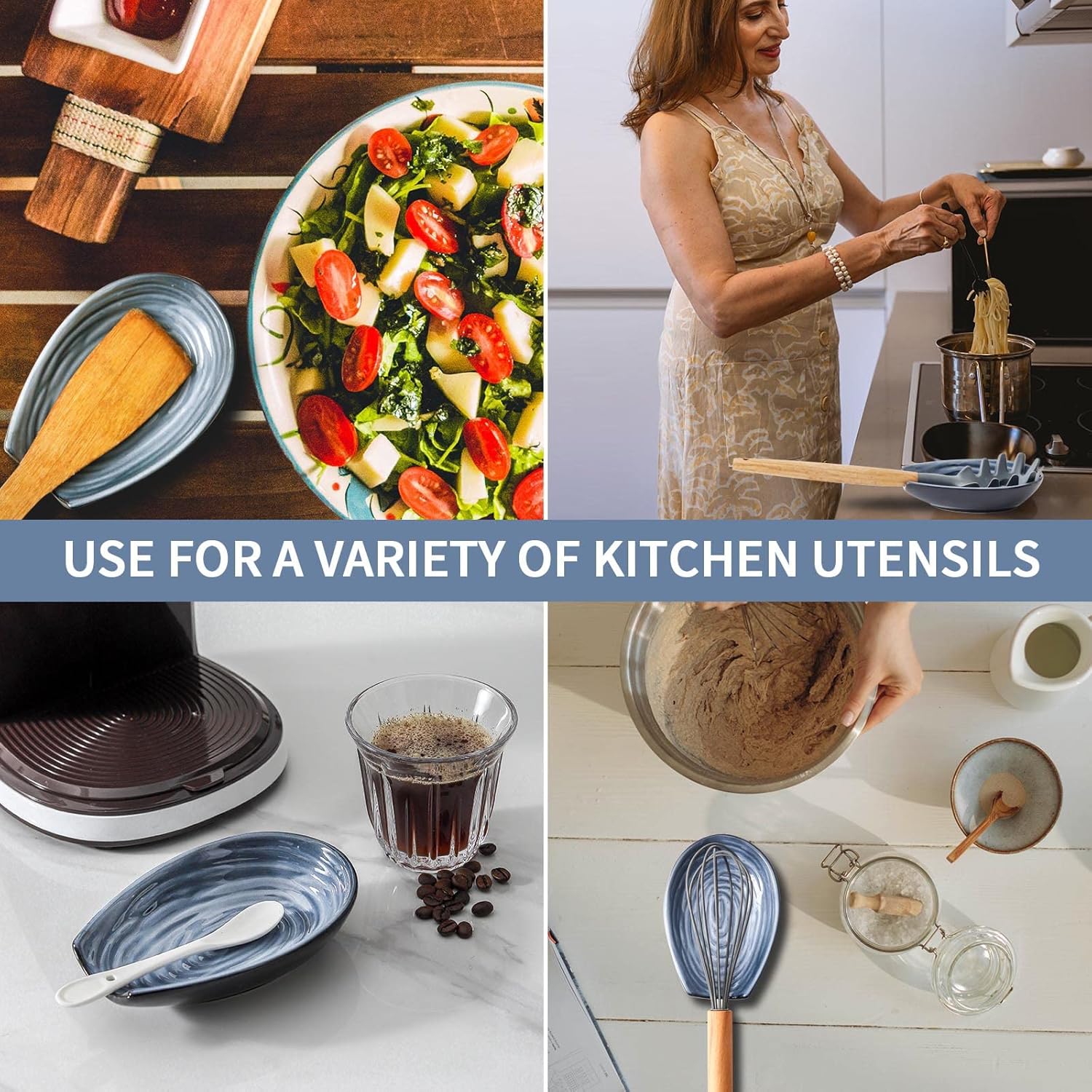 Hasense Spoon Rest Set of 2 for Stove top, Cooking Spoon Holder for Kitchen Counter, Ceramic Utensil Rest for Ladle, Spatula, Tong and Spoon, Heat-Resistant Spatula Holder, Grayish Blue