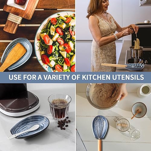 Vista 17 de Soporte para cuchara Hasense para encimera, soporte de cuchara para protección de mostrador, soporte de utensilios de cerámica para cucharón, Verde