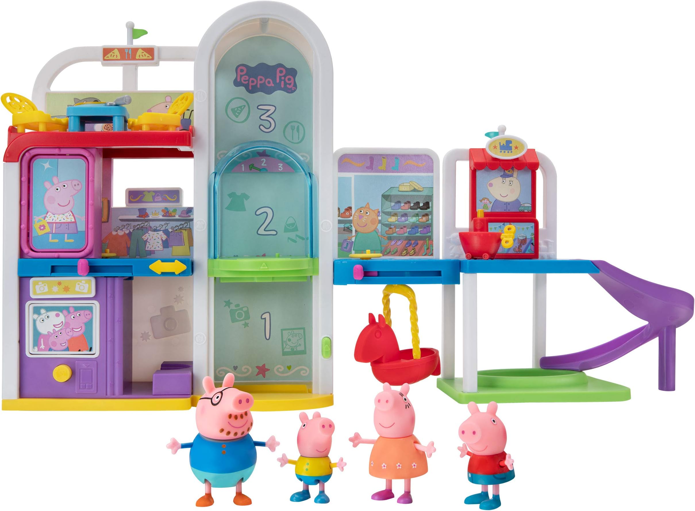 Peppa Pig Shopping Mall with Family, Includes 1 Connectable Mall Playset, 4 Character Toy Figures, 2 Chairs, 1 Pizza Table, 1 Toy Boat – for Kids - AMAZON EXCLUSIVE