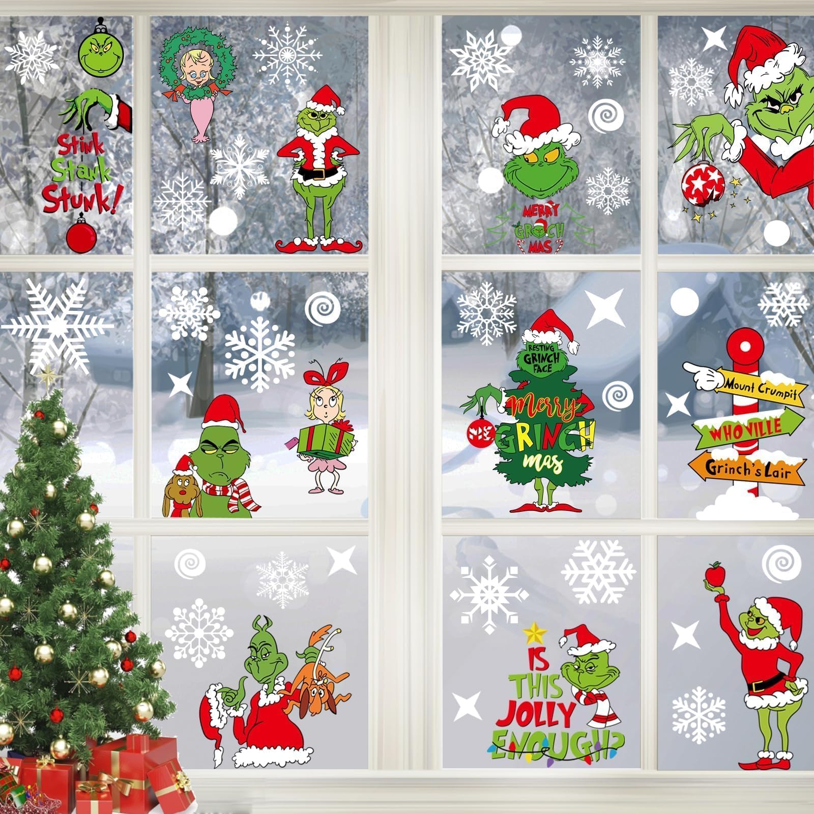 YTUGCG Christmas Window Stickers 9 Sheets, Merry Christmas Window Clings Sticker for Grinch, Christmas Window Decorations for Office Home School Party Supplies