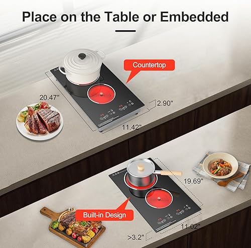 Miniatura 7 de Placa de cocina eléctrica, quemador eléctrico de 2 quemadores integrados y encimera para cocinar, estufa de 2400 W 110 V, 11 ajustes de potencia,