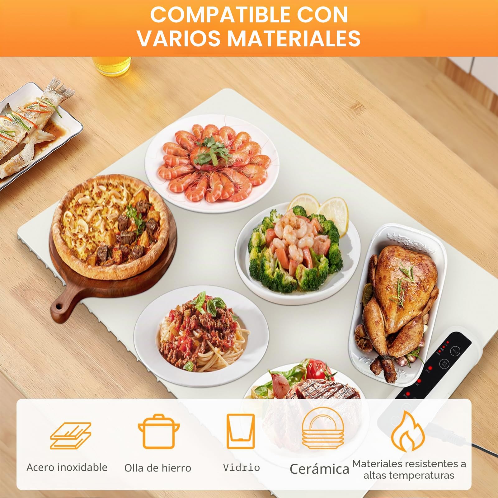 Bandeja de Calentamiento Eléctrico, Calentador Alimentos Portatil Silicona Plegabl Placa Calentadora con 3 Ajustes de Temperatura y Temporizador, para Bufés, Familia, Fiestas, Eventos (Blanco)