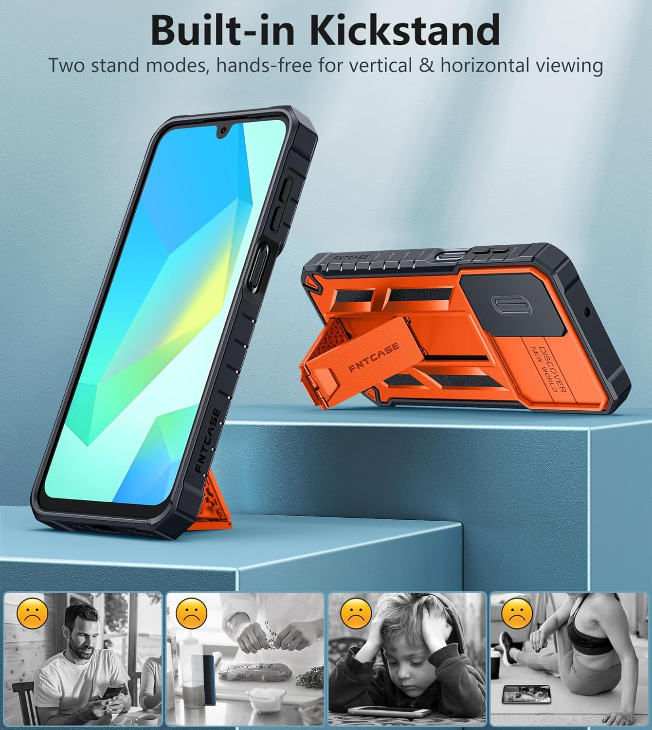 FNTCASE for Galaxy A17/A16-5G Case: Samsung A17 5G Military-Grade Dropproof Phone Cover with Kickstand & Slide Camera Cover | Protective Heavy Duty Rugged Phone Case Bumper Textured Protector (Orange)