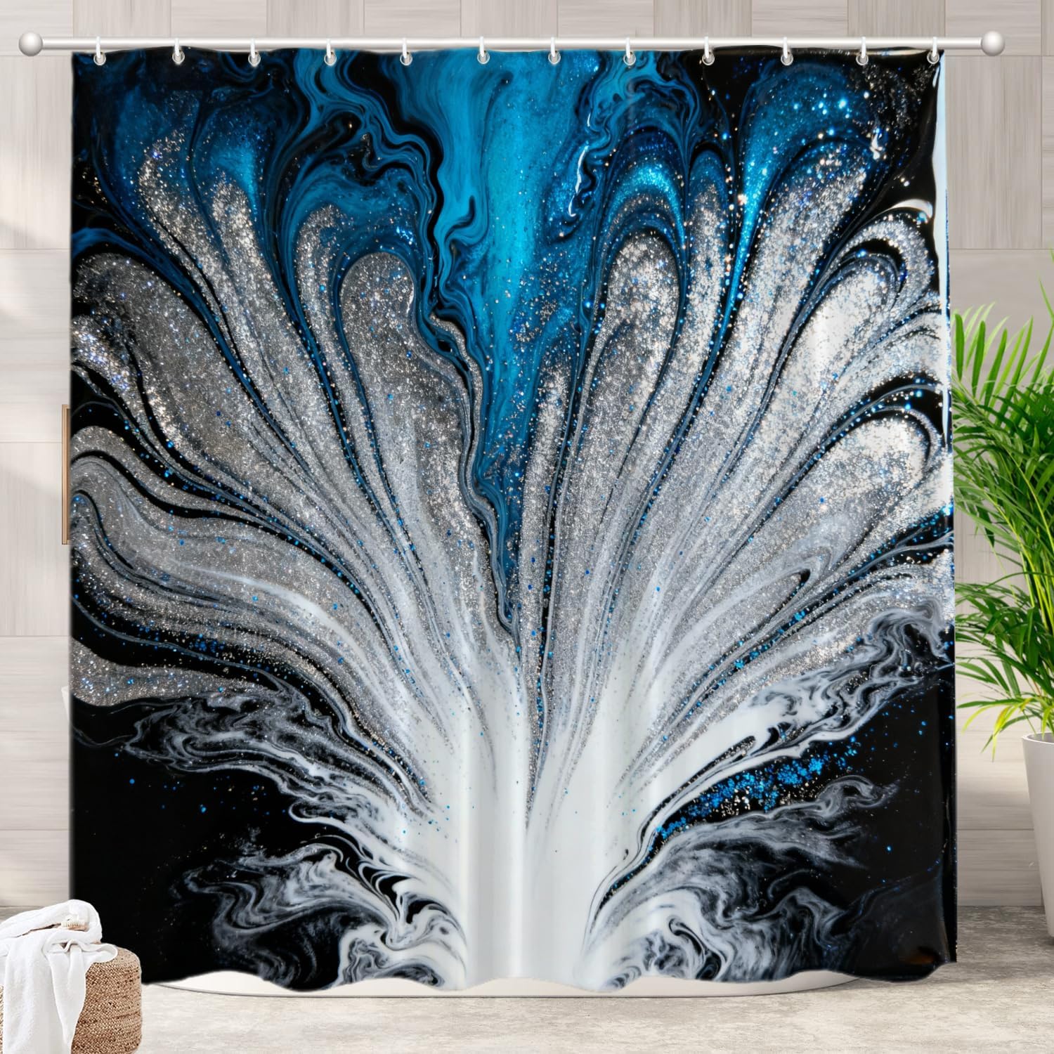 Batmerry Marble Abstract Nature Decorative Shower Curtain,Silver Fluids Ink Aqua Blue Marble Bathroom Decor Polyester Fiber Plastic Rings Quick-Drying Waterproof for Bathtubs/Bathroom, 72x72 inches
