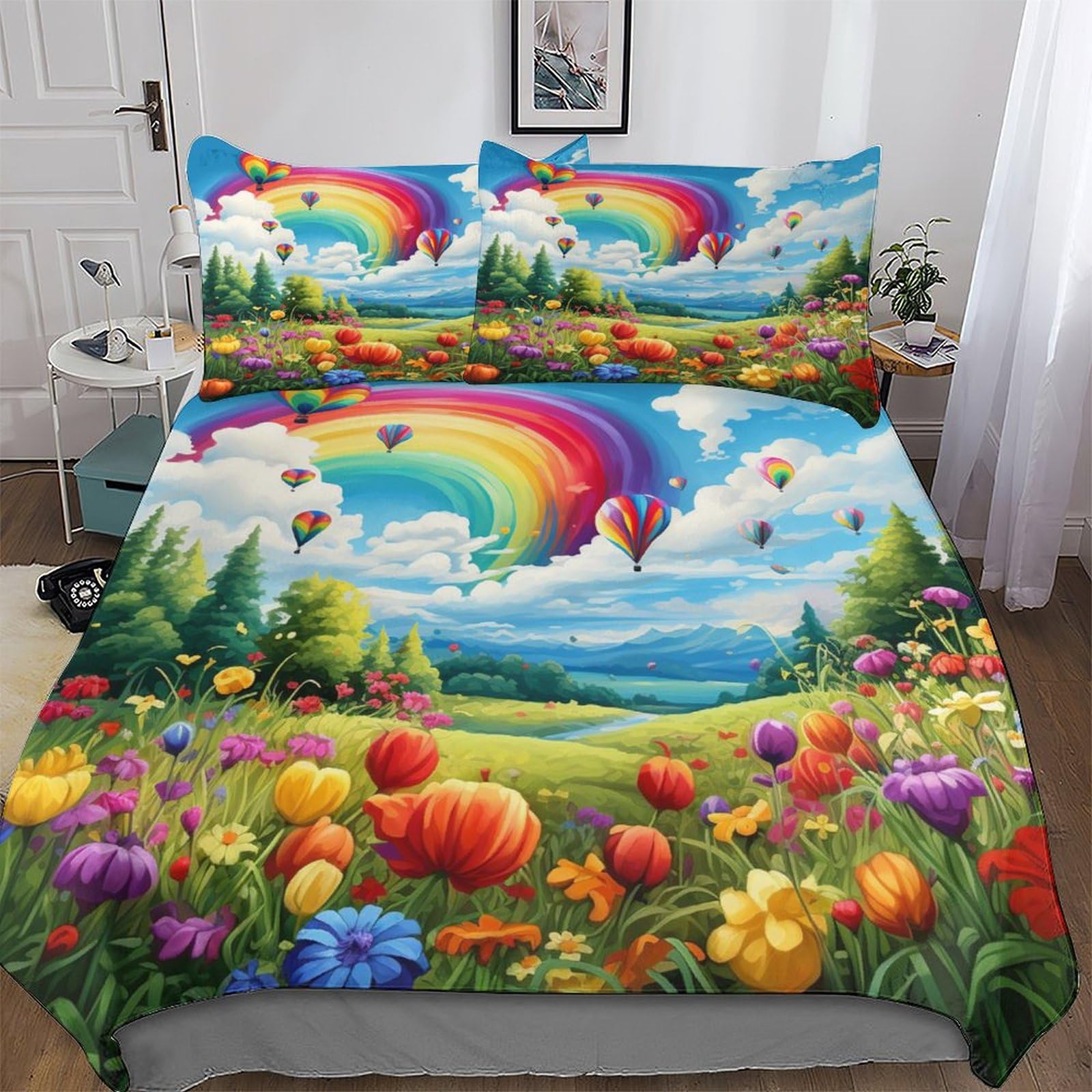 PAZZK Rainbow Balloon Bedding Set Duvet Cover 3 PCS With Pillowcases Ultra Soft Anti Allergic Quilt Cover Microfiber Comforter Cover Suitable for Children, Teens, Adults King (220x240cm)