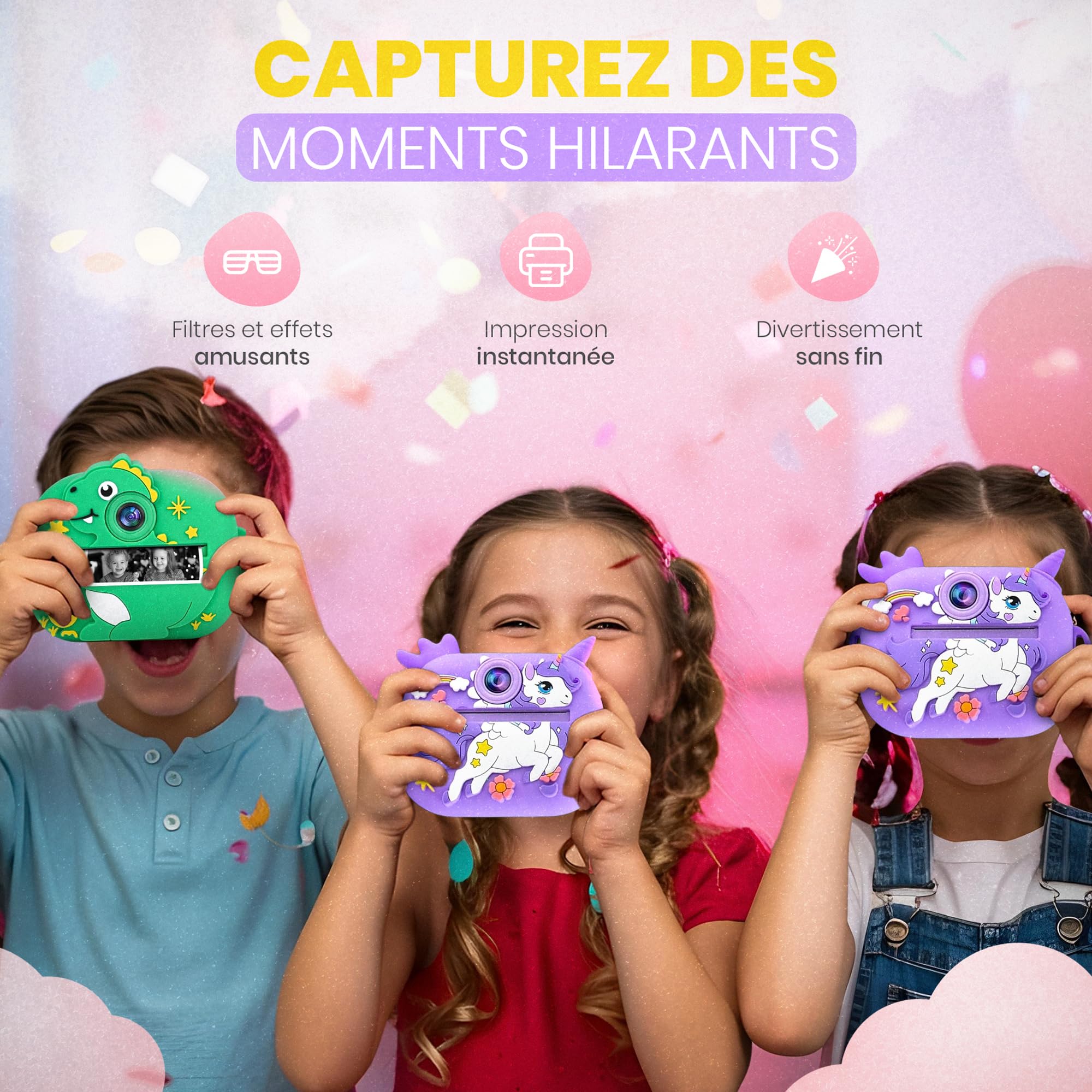 ETERNIUM Appareil Photo Instantané Enfant Licorne - Kit Créatif et Éducatif - Caméra Numérique 1080P Antichoc - 4 Rouleaux d'impression + Carte 32Go - Cadeau Noël Anniversaire Fille Garçon 3-12 Ans