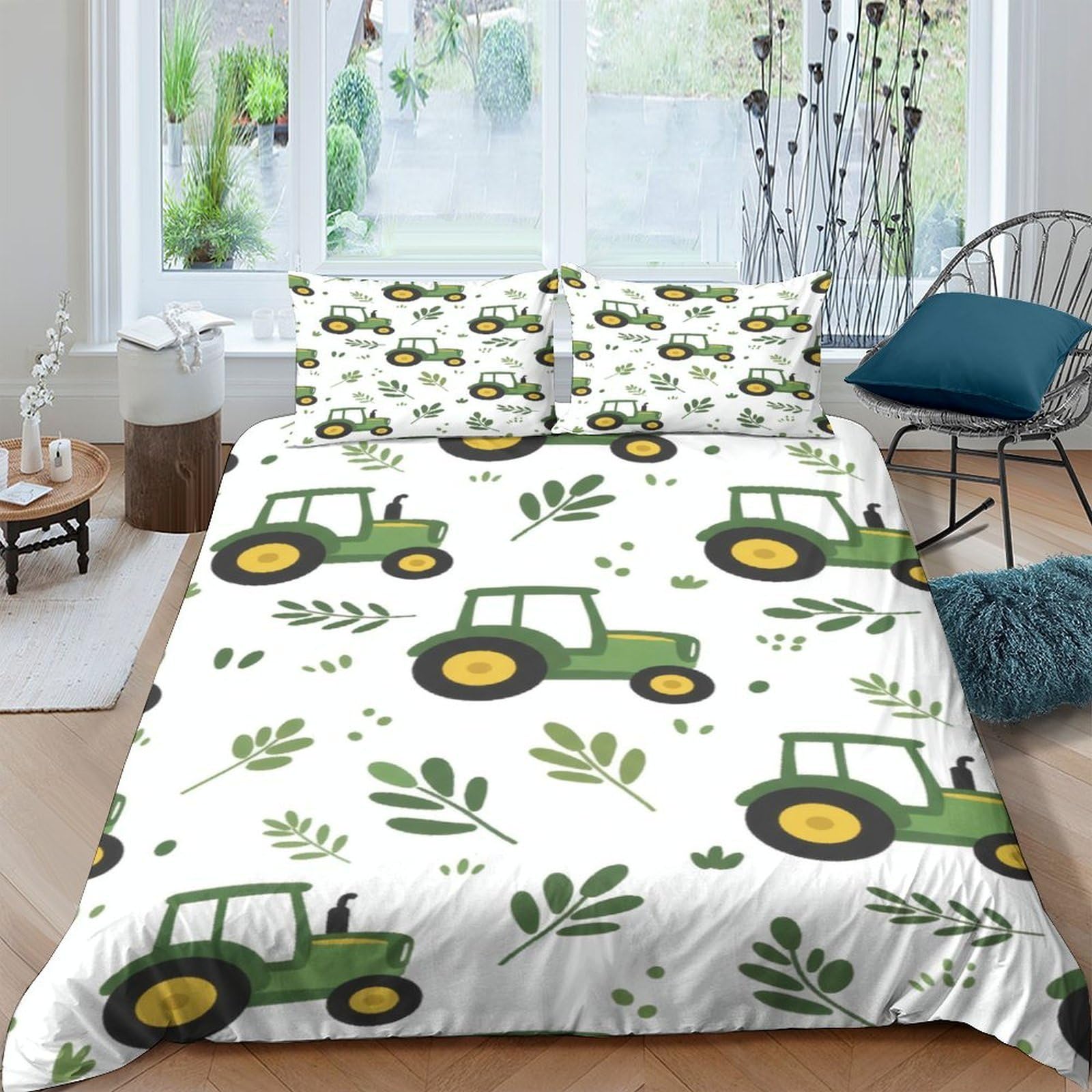 Ctjqhvkz Style-8 3D Printed Green Tractor Fitted Sheet Microfiber Farm Leaf Pattern Mattress Cover For Bedroom Guest Room Decor Single（135X200cm）
