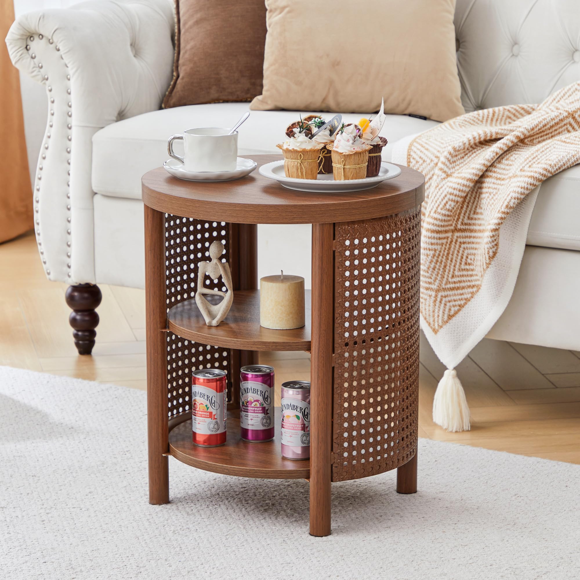 3 Tire Small Round Side Table with Iron Rattan, 16" Farmhouse Bohemian End Table with Storage Shelf, Wood Nightstand for Living Romm Sofa Couch, Bedroom (Walnut)