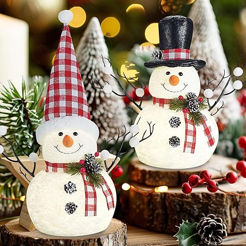 Paquete de 2 decoraciones de mesa de Navidad rojas y blancas, decoraciones de muñeco de nieve de Navidad iluminadas de 14 pulgadas, muñeco de nieve