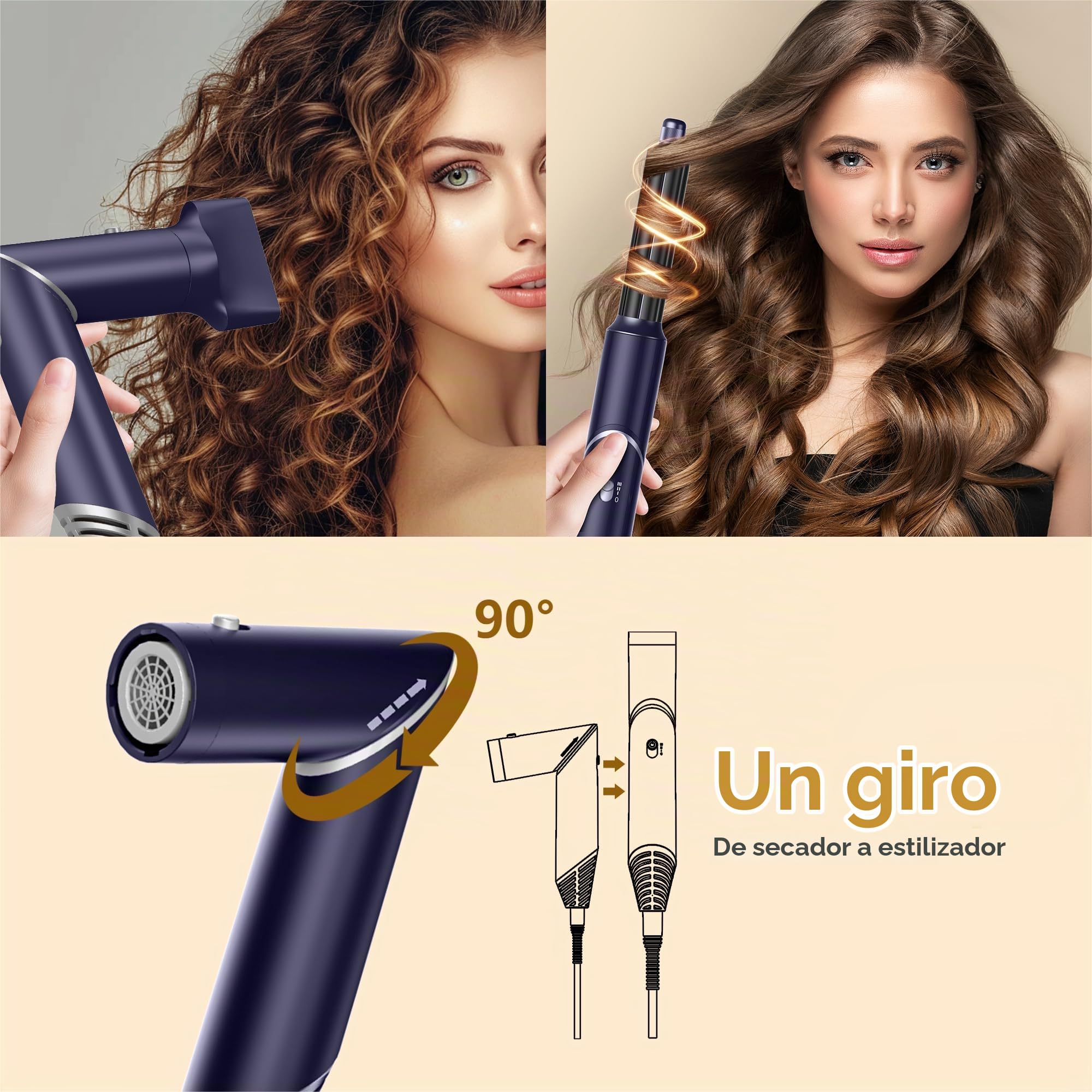 UKLISS 5 en 1 Airstyler con 60.000 rpm secador de pelo multifuncional de aire caliente rulos redondo cepillo de aire caliente cepillo de aire caliente cepillo de pelo cepillo rizador pelo cepillo pelo