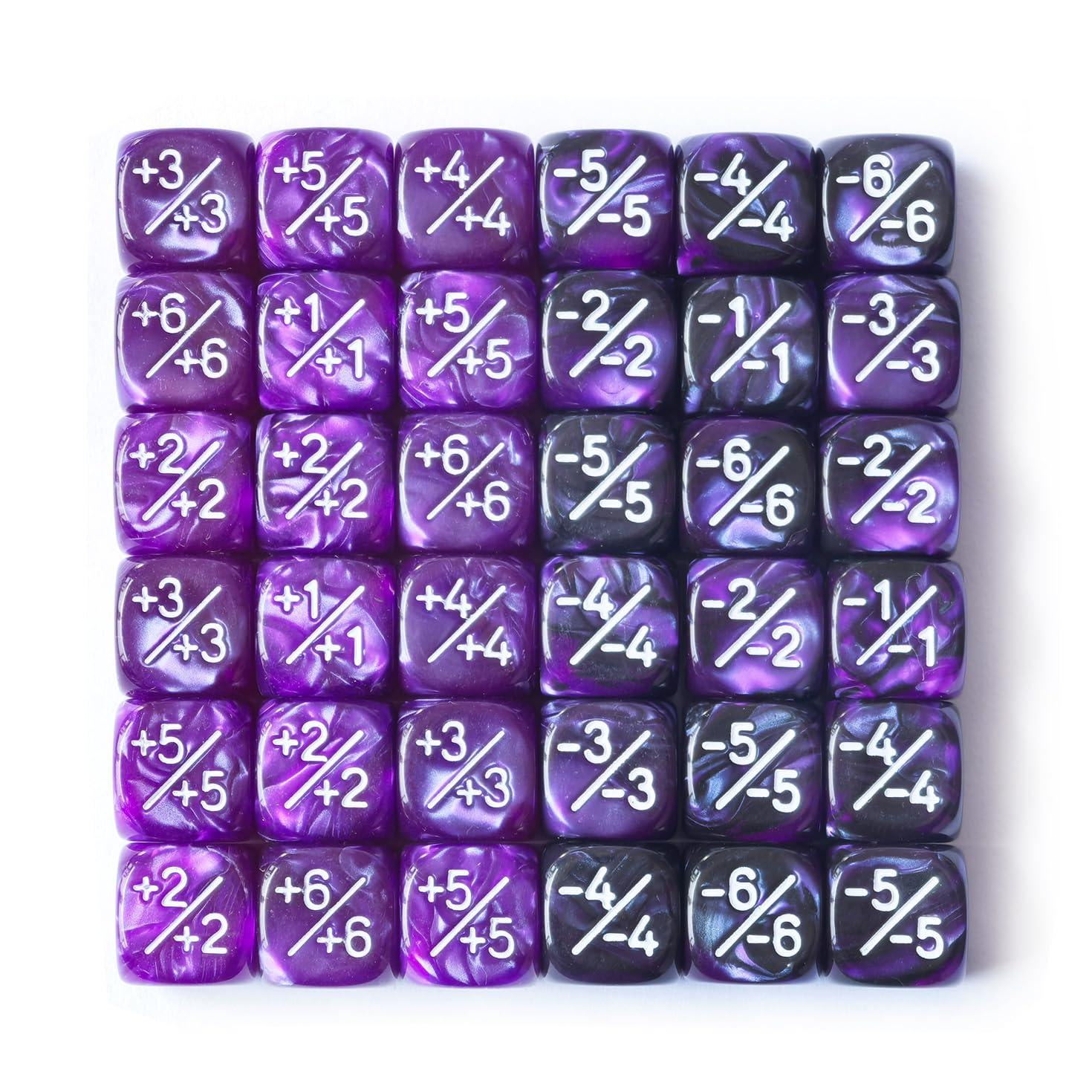 Set di 36 contatori per dadi positivi e negativi da 12 mm in marmo viola e nero Gemelli, dadi a gettone piccolo compatibili MTG, CCG, giochi di carte