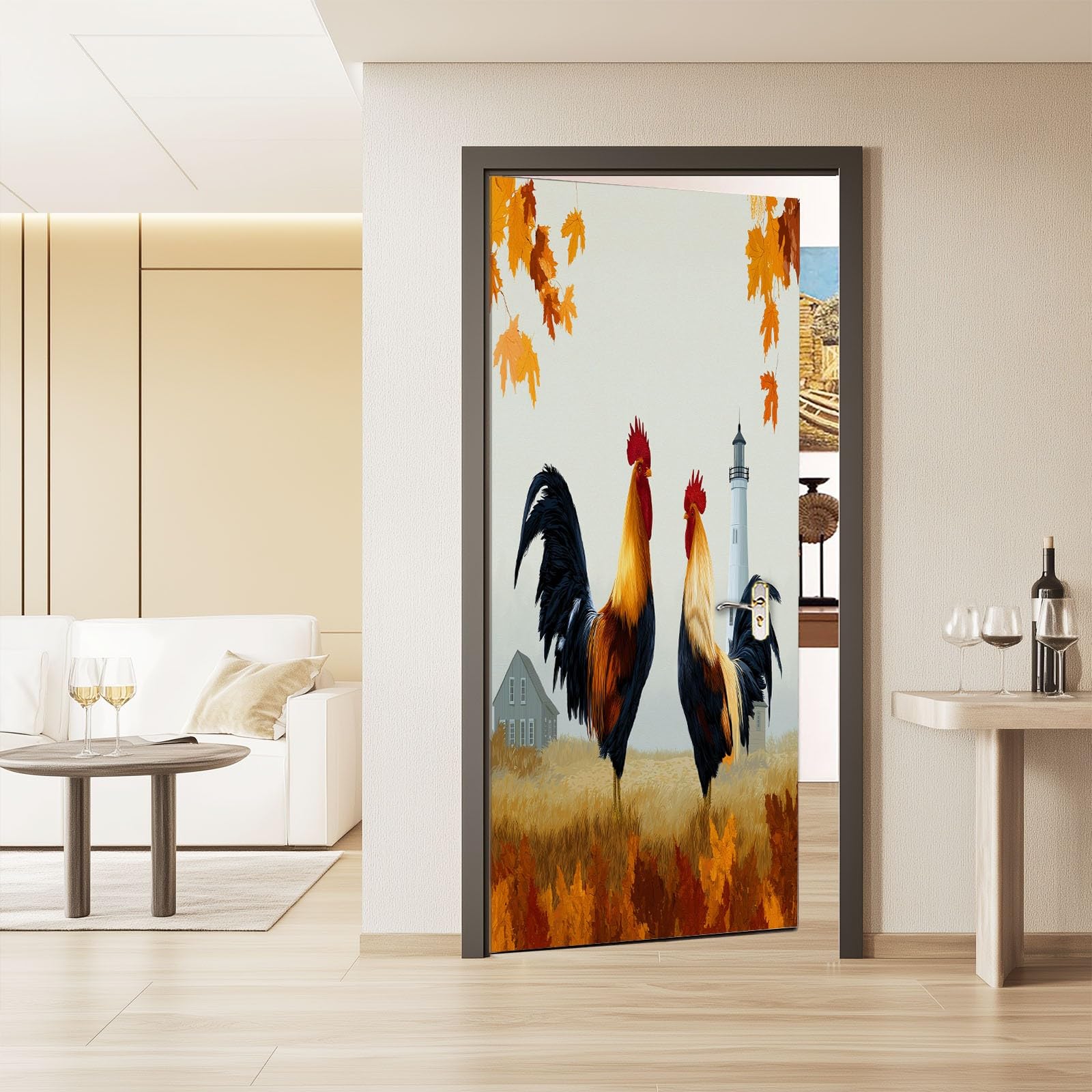 Tapeta na drzwi 3D, samoprzylepna, akwarela, farma, latarnia morska, kurek, plakat na drzwi, styl wiejski, naklejka na drzwi, wodoszczelna, zdejmowana folia na drzwi, do salonu, sypialni, łazienki, 95