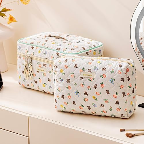 Miniatura 4 de HBselect Bolsa de maquillaje acolchada de algodón, 2 piezas, bolsa de maquillaje de coqueta, bolsa grande de viaje para cosméticos estética, linda