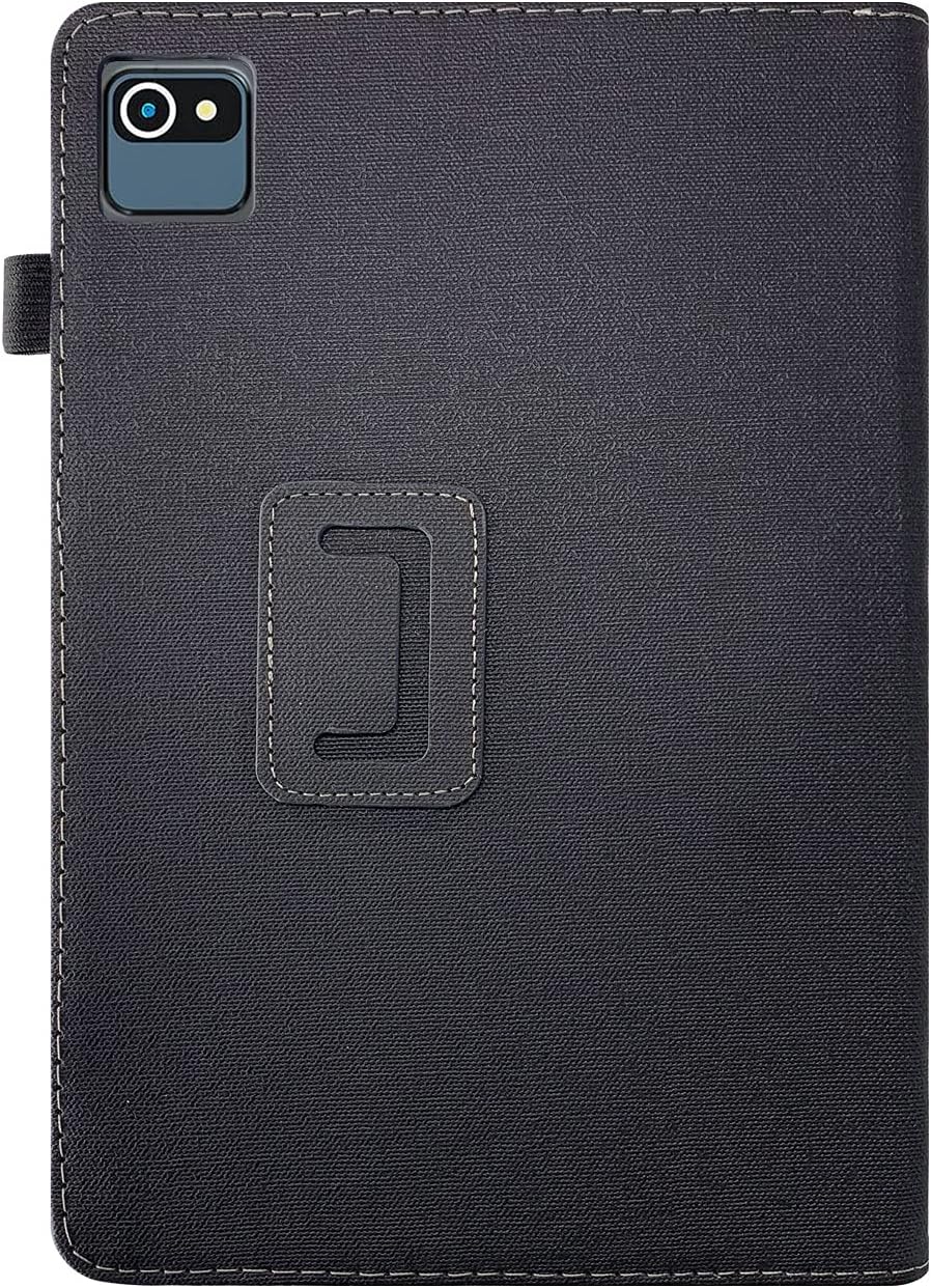 De volta view of the black PU leather tablet case, showing the camera cutout and a strap for securing the tablet.