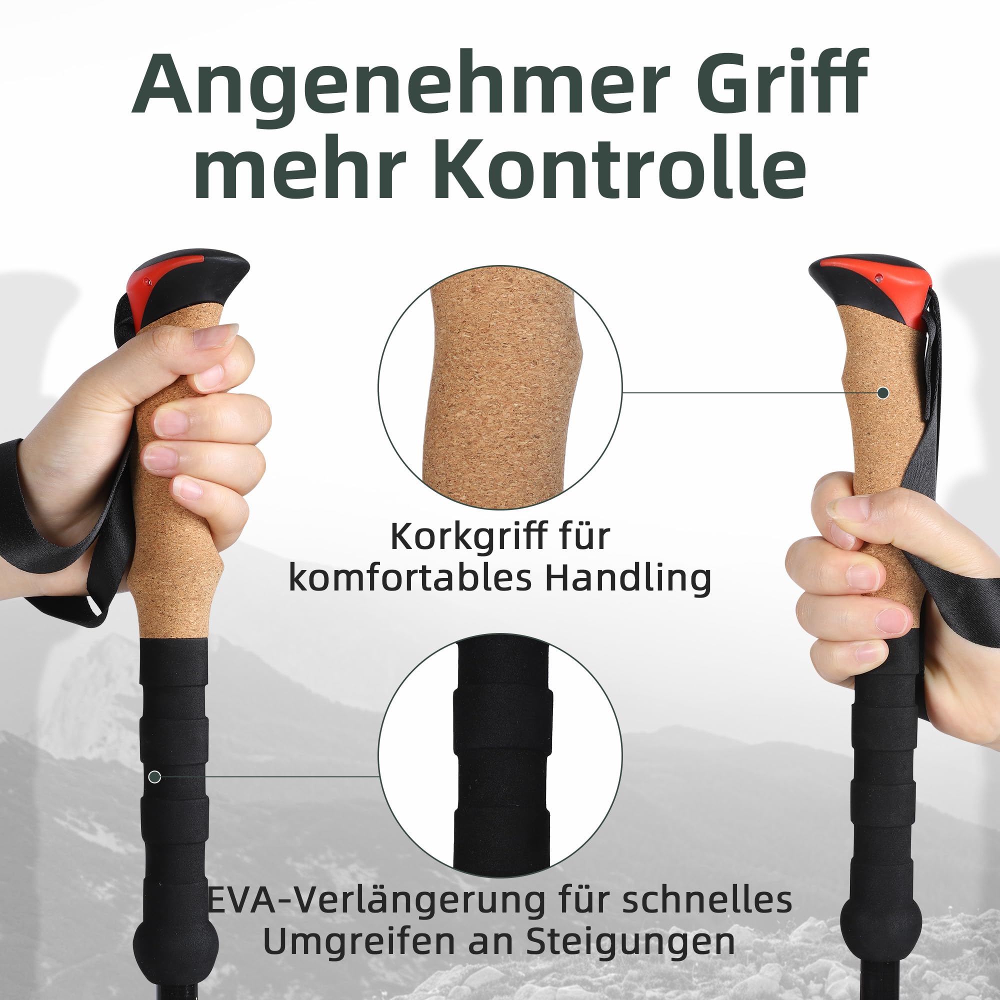 Teleskop-Wanderstöcke Carbon 2er Set, 200 g pro Stock, Schwarz | 62–135 cm verstellbar, Korkgriff mit EVA, Alu-Verschluss, Tasche & 10 Zubehörteile, für Wandern & Trekking