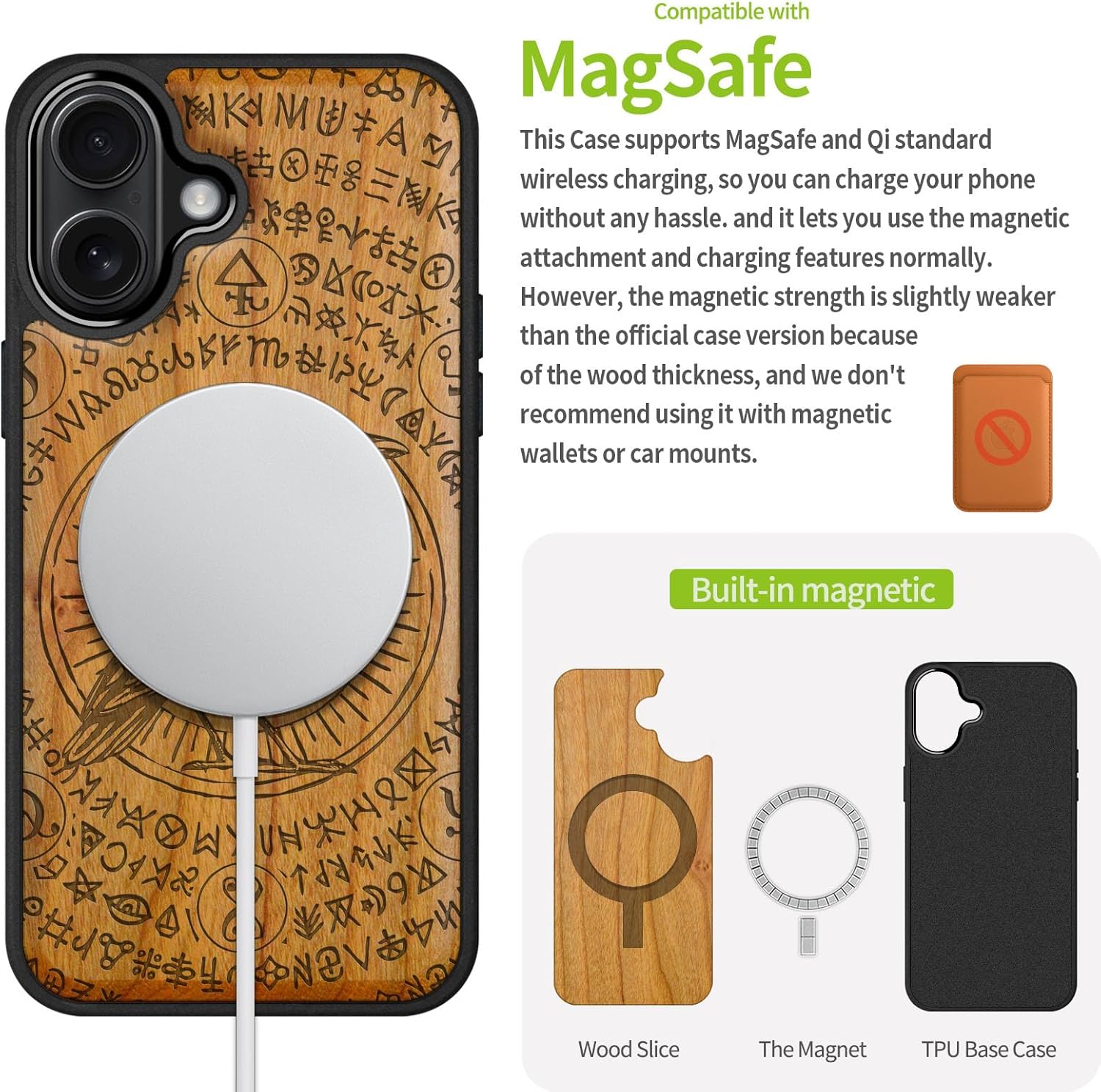 Carveit Magnetic Wooden Case for iPhone 16 Case, Wood Artisan Engraved & Black Soft TPU Shockproof Cover, Compatible with MagSafe Wireless Chargers (The Haloed Crow) Cherry
