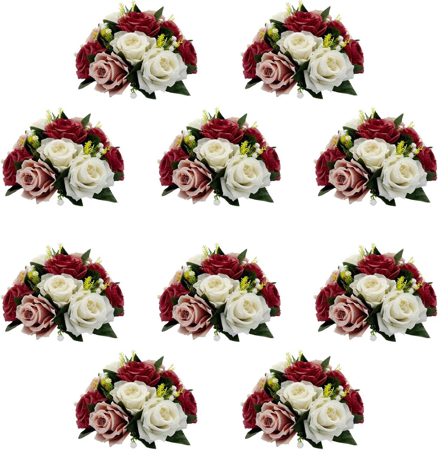 10Pcs Artificial Flower Balls for Centerpieces, Fake Floral Centerpieces Wedding Roses Bouquet for Parties Valentine's Day Wedding and Home Decor (Burgundy & Dusty Rose & White)
