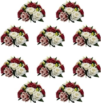 10Pcs Artificial Flower Balls for Centerpieces, Fake Floral Centerpieces Wedding Roses Bouquet for Parties Valentines Day Wedding and Home Decor Burgundy & Dusty Rose & White