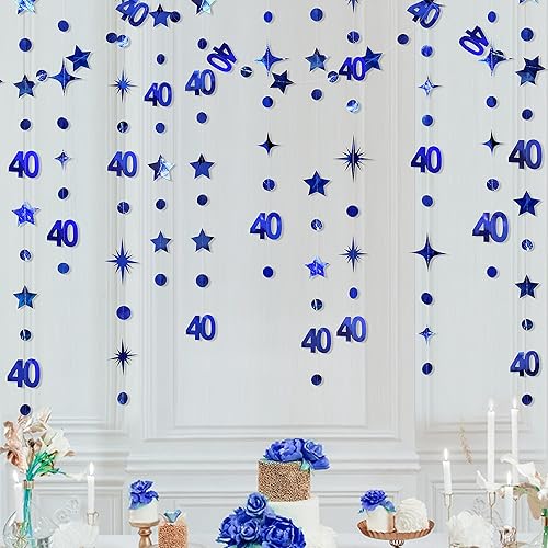 Decoraciones de cumpleaños número 40 color azul marino con el número 40, guirnalda de estrellas centelleantes metálicas, para colgar en banderines,