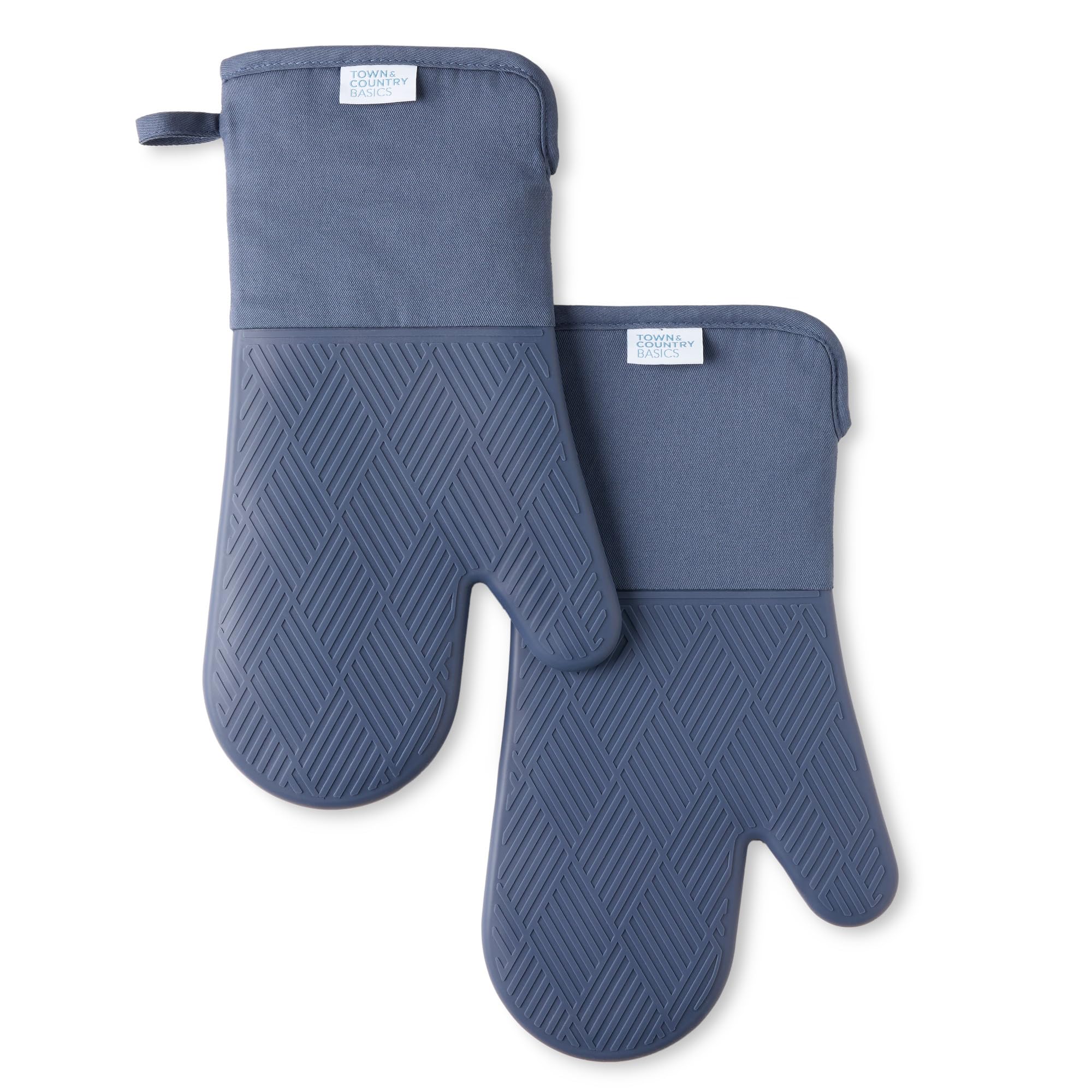 TOWN & COUNTRY BASICS Basketweave - Juego de 2 manoplas de horno de silicona suave, resistentes al calor hasta 500 F, silicona flexible, agarre antideslizante, azul, 7.5 x 13 pulgadas