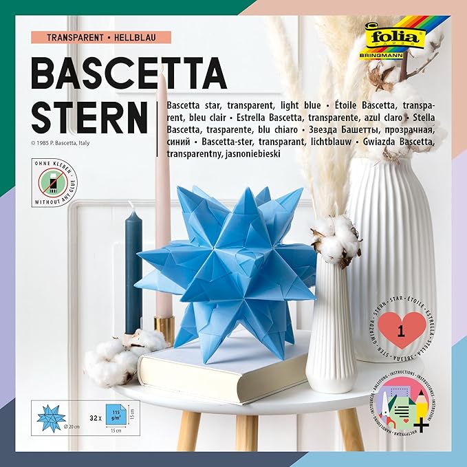 folia 830/1515 – Bastelset Bascetta Stern, Transparent hellblau, 15 x 15 cm, 32 Blatt, fertige Größe des Papiersterns ca. 20 cm, mit ausführlicher Anleitung – ideal zur zeitlosen Dekoration