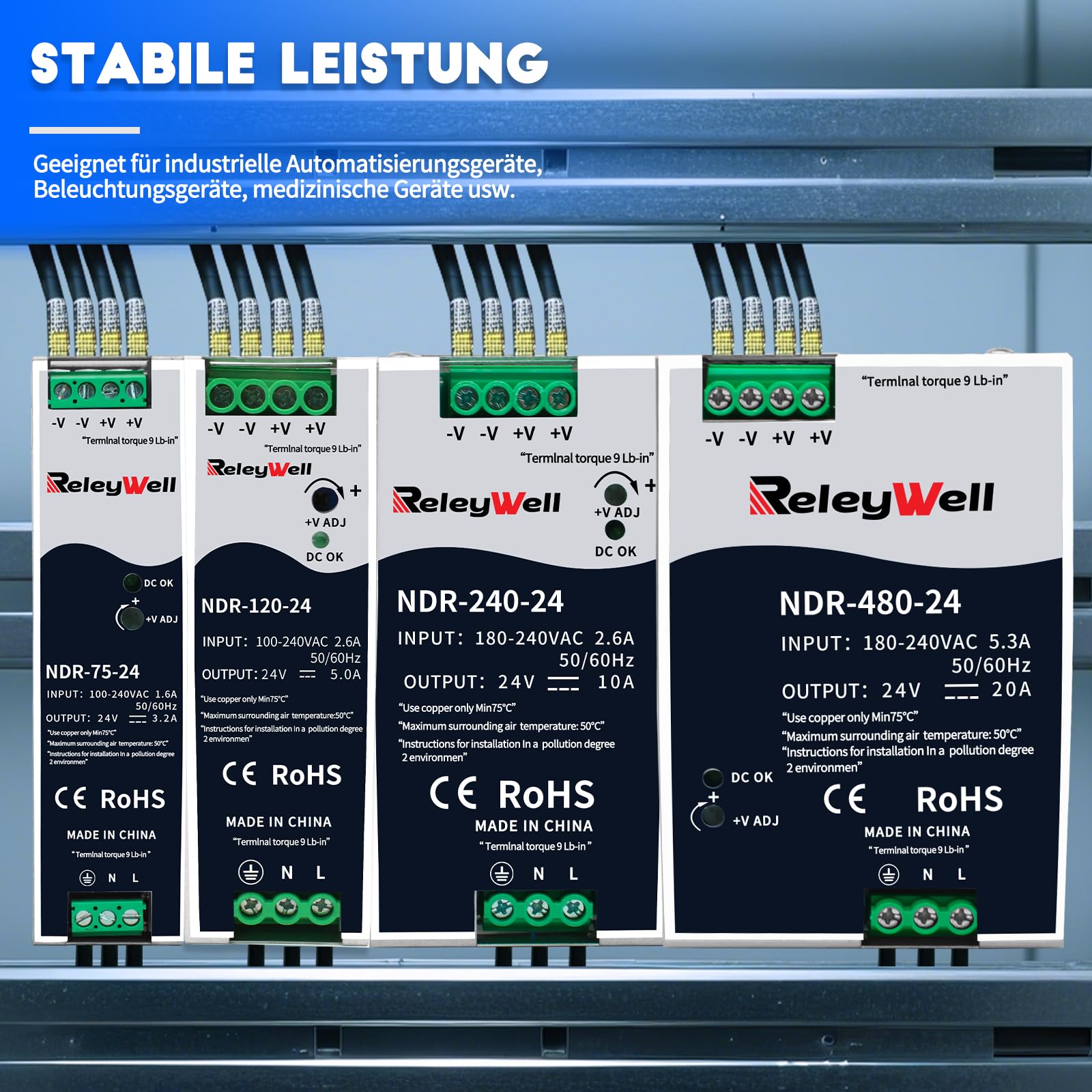 Hutschienen netzteil 24V, 120W, 5A; trafo 230V auf 24v, hutschiene, 24 VDC, 24 volt netztei, 24v dc trafo, din schiene, ReleyWell, NDR-120-24