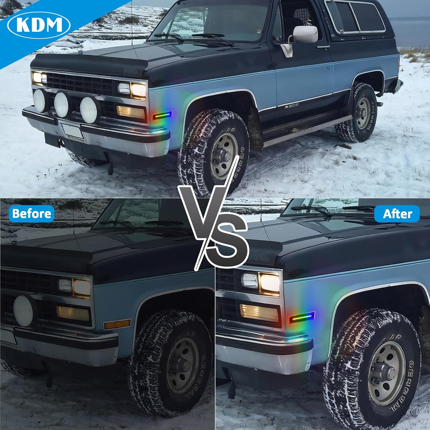 KDM RGB Full Led Smoked Lens Fender Side Marker Multi-Color Reflectors Lights, Fit for 1981-1991 Chevy C10 C20 C30 GMC C1500 C2500 Suburban Blazer Jimmy,Assembly Front Bumper Side Marker Lights,2Pack