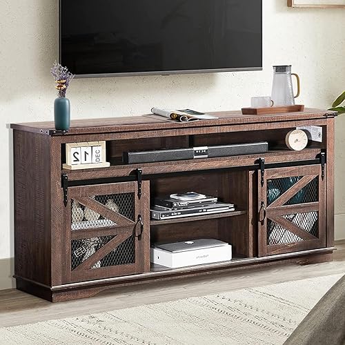 Miniatura 7 de Zanzio Soporte de TV de granja de 66 pulgadas para televisores de hasta 75 pulgadas, mesa consola de medios de entretenimiento rústico con puertas