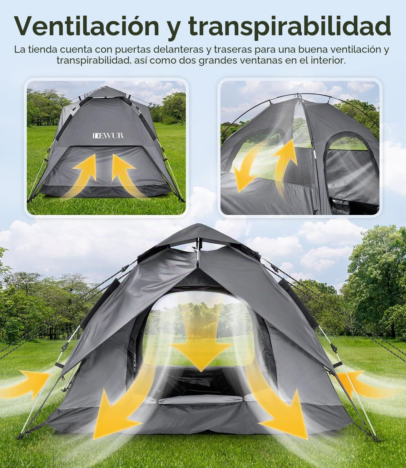 DEWUR Tienda de campaña para 2 – 4 personas, resistente al agua, para senderismo, camping, exterior, festival