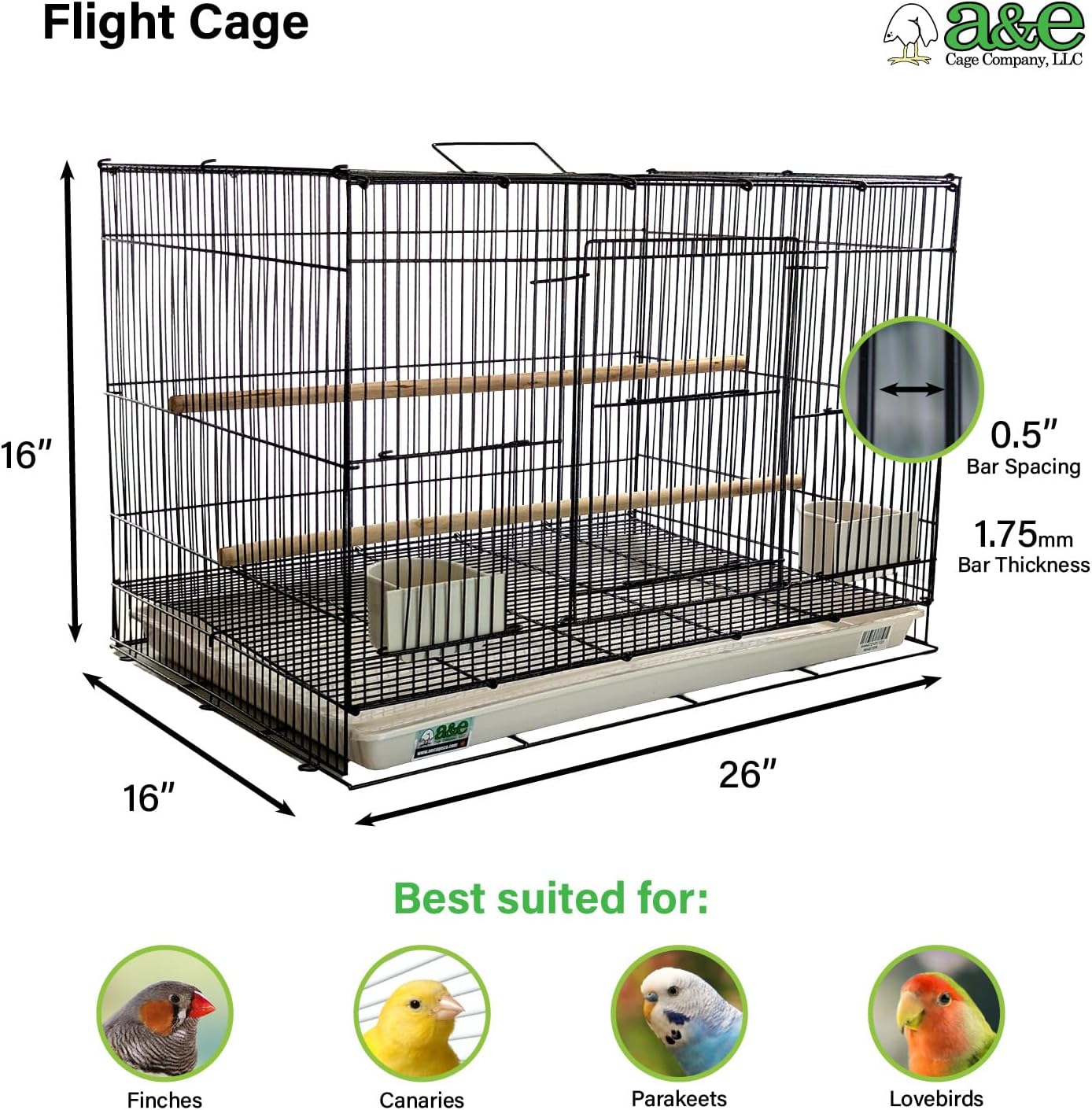 A&E Cage Co 503 Flight Cage – 24"x16"x16" Small Bird Cage with Slide-Out Tray, Wood Perch, Dual Feeding Stations & Carry Handle – Black Powder Coated Cage for Finches, Canaries & Small Birds