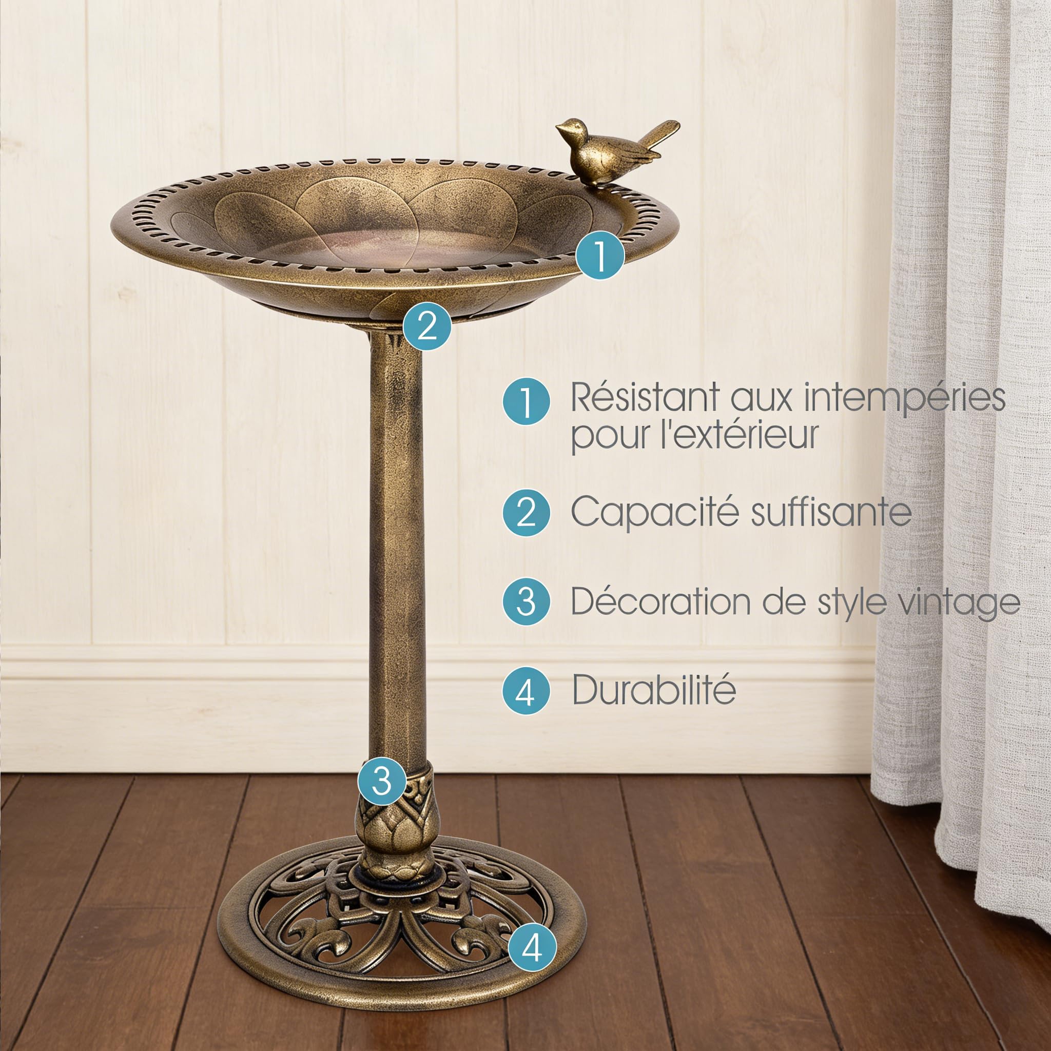 DREAMADE Bain d’Oiseaux Sauvages sur Pied, Etanche Résistant aux Imtempéries, Jardin/Cour Extérieur, Décoratif avec Aspect Métal, Bronze (Bronze)