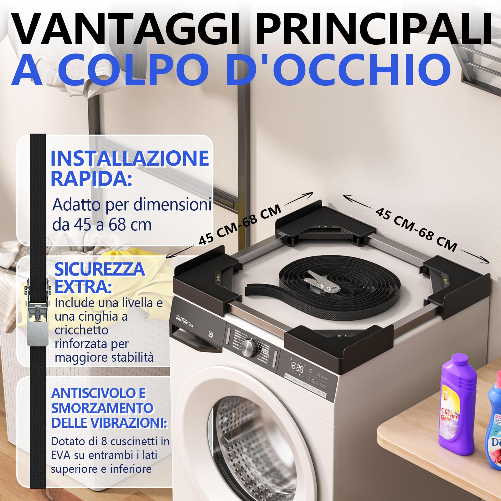 JHCHU Kit di impilamento universale per lavatrice e asciugatrice, Gamma di telaio regolabile 45~68cm, Offre soluzioni per impilare lavatrici e asciugatrici di diverse dimensioni (Nero)