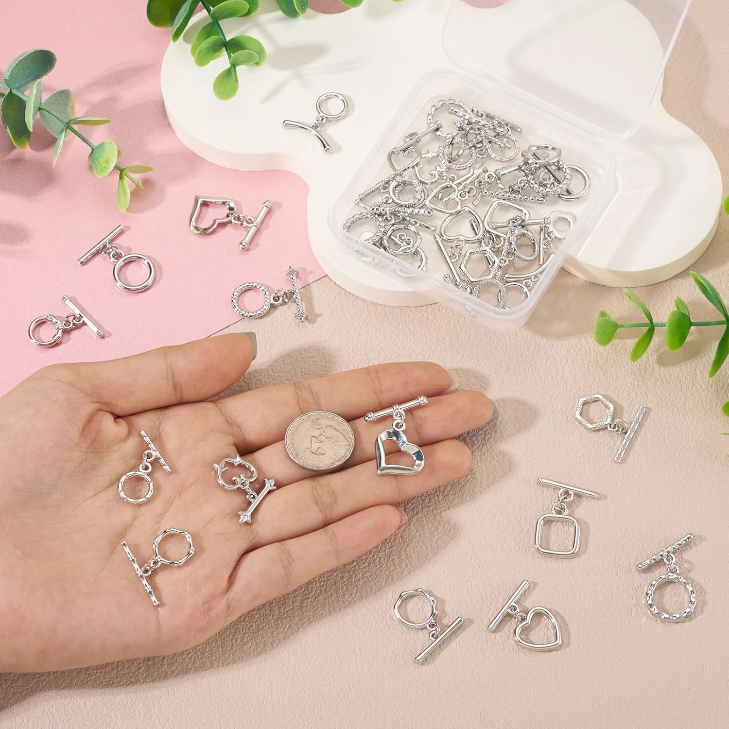 Craftdady 38pcs Toggle Jewelry Clasps Heart Ring Flower Necklace Bracelet Toggle Clasps Platinum Connectors Metal Bar T-Bar Closure for DIY Craft Jewelry Making 12.5-18.5 mm - Image 6