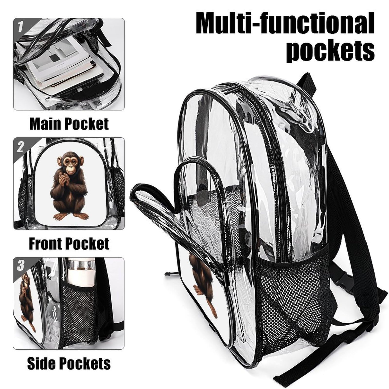Sitting Monkey Transparenter Rucksack, groß, transparent, PVC, Büchertasche für Sicherheit, Arbeit, Reisen, Stadion
