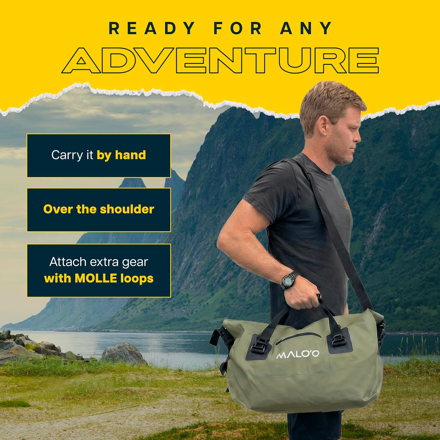 Malo’o Waterproof Dry Duffel, Heavy-Duty Roll Top Waterproof Gear Bag with Shoulder Strap & Molle Loops, Marine Duffel for Kayaking, Boating, Camping, Beach & Travel, Dark Green, 40L - Image 4