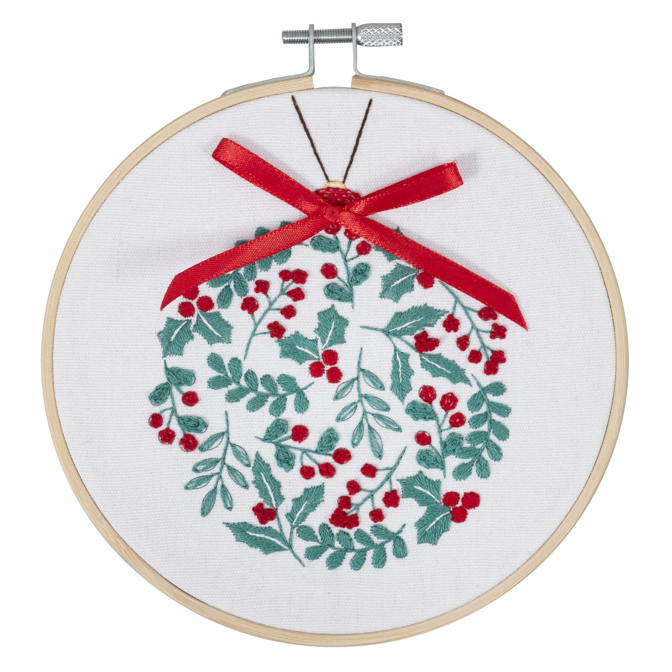 Trimits Embroidery Kits - 15cm 6" Embroidery Beginners Kit, Cross Stitch Kits for Adults, Starter Set with Bamboo Hoop, Fabric, Threads, Needle & Backing - Holly Berry Bauble