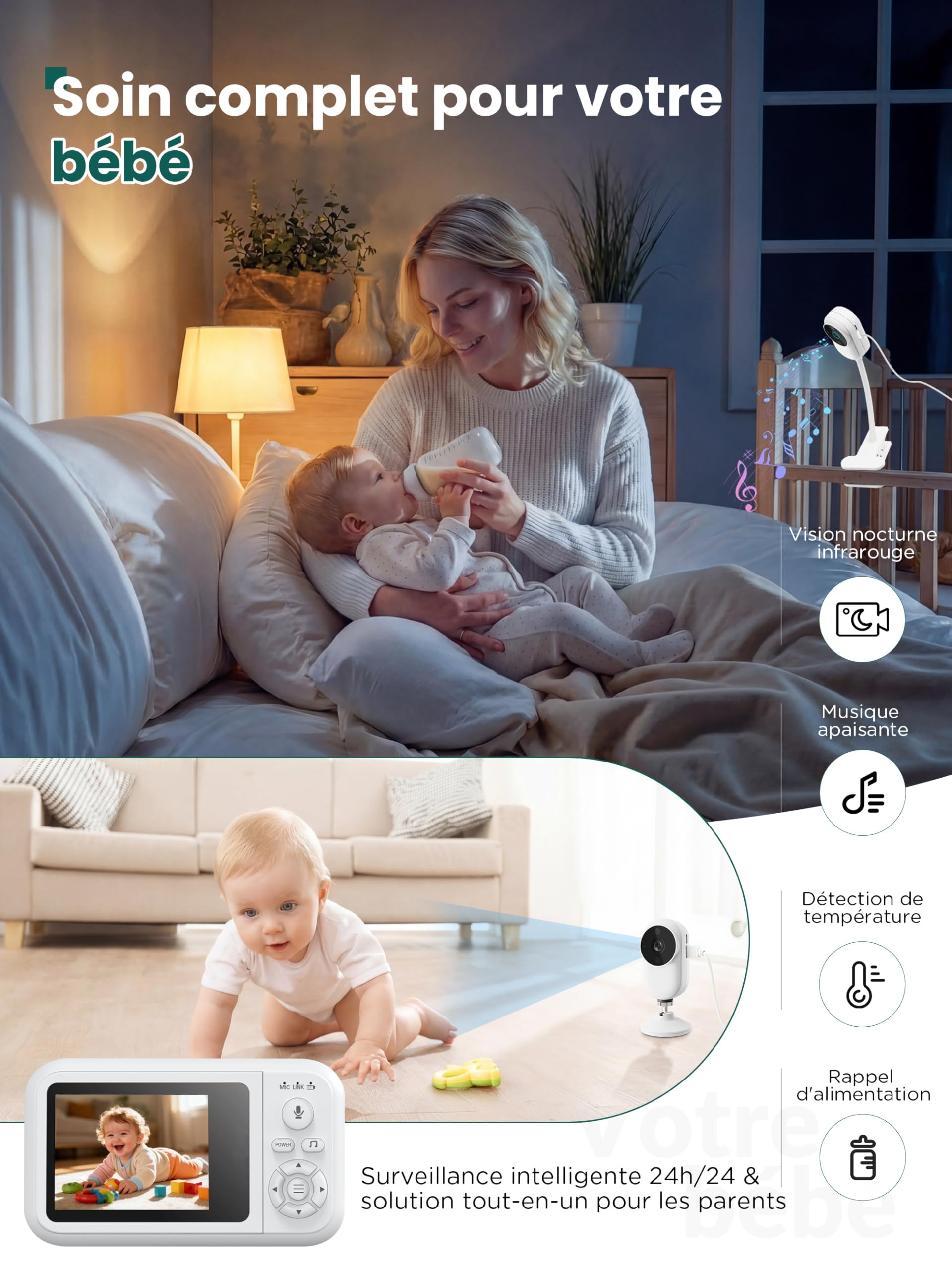 NUOTUN Babyphone Camera sans WiFi avec Support Lit, HD Camera Bebe Surveillance avec 3.5" IPS écran, Audio Bidirectionnel, Détection des Pleurs, Vision Nocturne, Berceuses, Cadeau de Naissance idéal