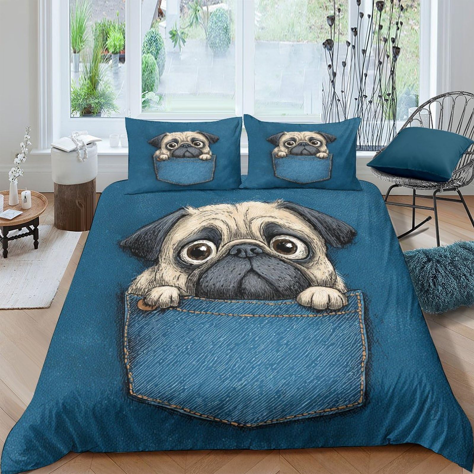 Ctjqhvkz Style-4 3D Printed Blue Pug Dog Fitted Sheet Microfiber Soft Mattress Cover Cartoon Animal Design For Bedroom Guest Room Decor Single（135X200cm）