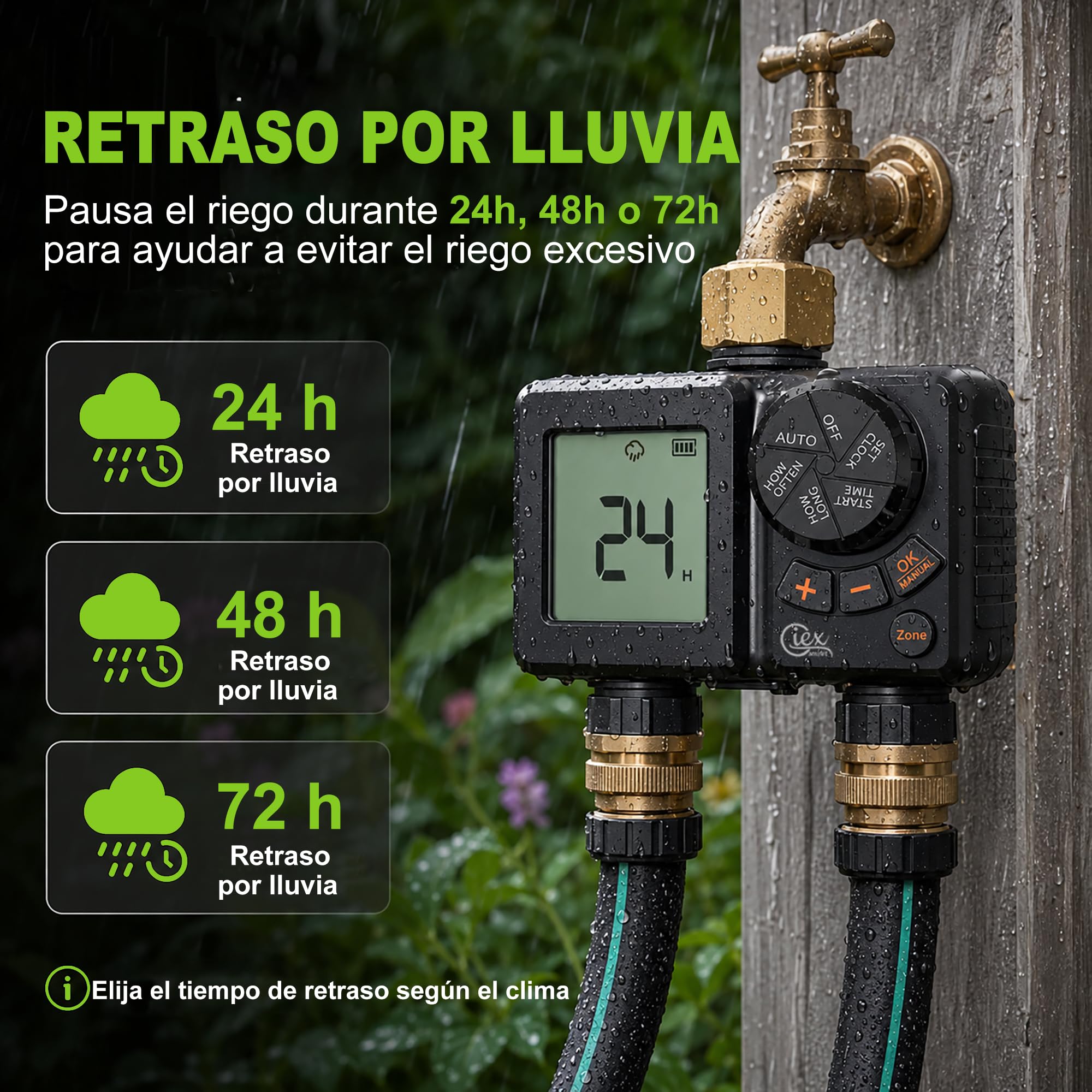GIEX - Ordenador de riego de 2 vías, temporizador de riego recargable, 2 zonas con conexión de latón, temporizador de agua programable con IP66, retardo de lluvia y riego manual para jardín, césped