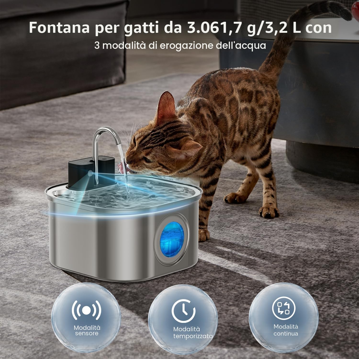 Fontanella per Gatti senza Fili: NautyPaws 3.2L Fontanella per Gatti Acciaio con Batteria 4200mAh, Fontana per Gatto con Sensore di Movimento, Automatico Silenzioso Dispenser Acqua Gatto con Filtri