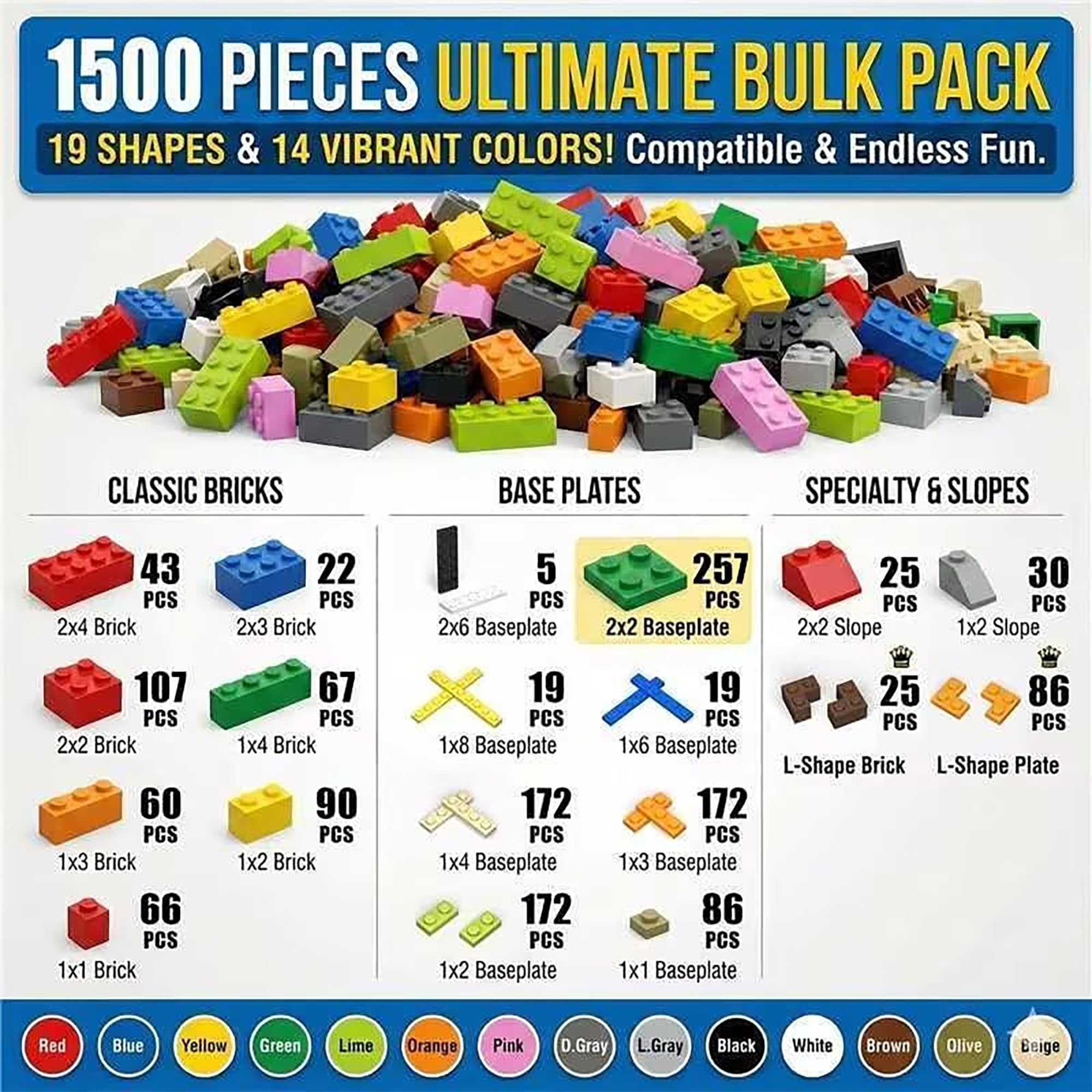 WYSWYG Juego de Bloques de construcción - Recambio de 1500 Bloques básicos, compatibles, para niños y niñas a Partir de 6 años.